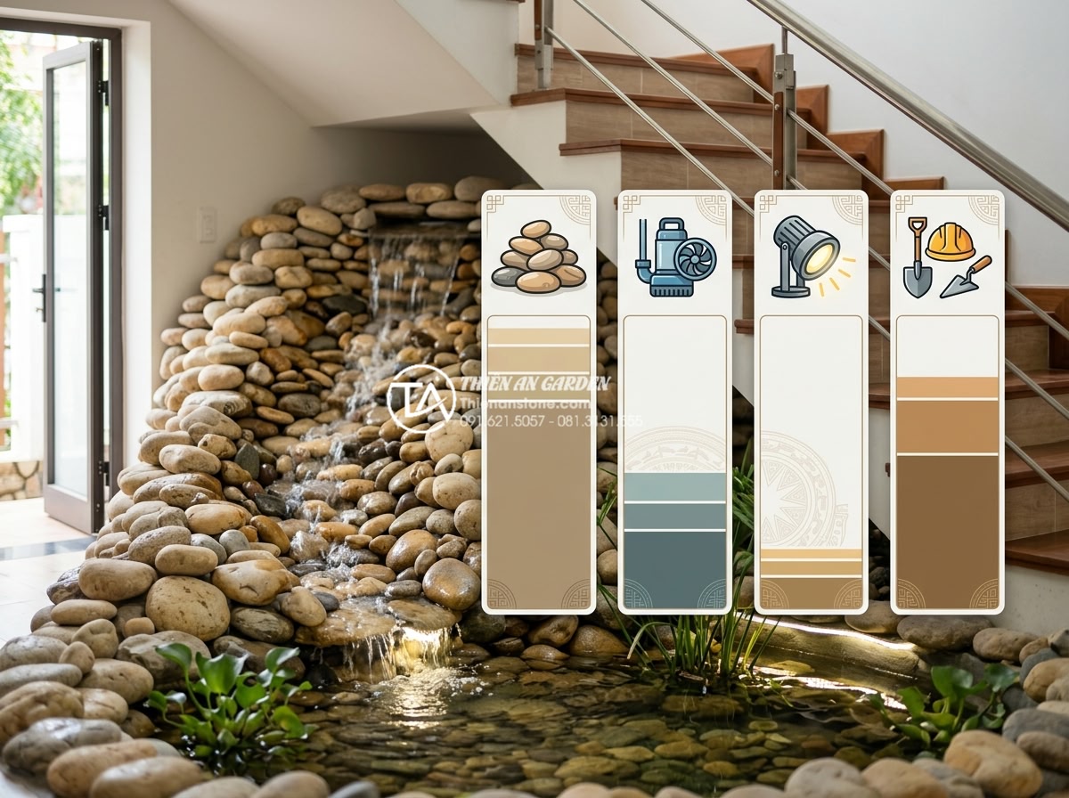 Mẫu tiểu cảnh thác nước gầm cầu thang: Mang sinh khí vào góc chết ngôi nhà - Professional infographic style image showing cost breakdown for indoor waterfall