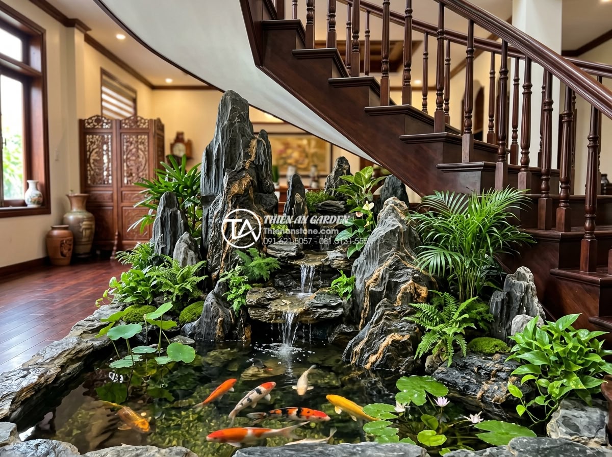 Mẫu tiểu cảnh thác nước gầm cầu thang: Mang sinh khí vào góc chết ngôi nhà - Beautiful hybrid design combining small waterfall with koi fish pond under stair