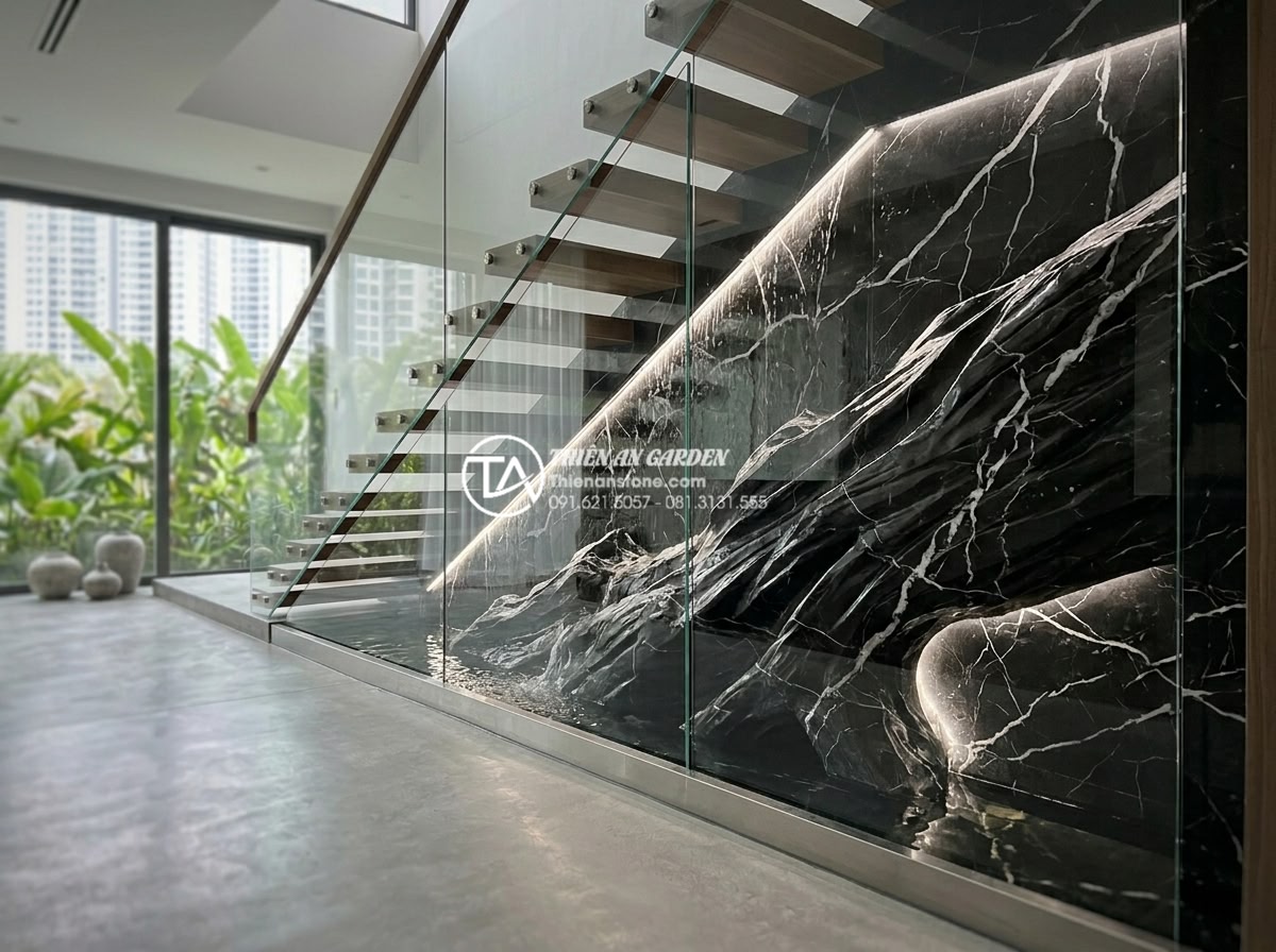 Mẫu tiểu cảnh thác nước gầm cầu thang: Mang sinh khí vào góc chết ngôi nhà - Stunning modern minimalist indoor waterfall under staircase using clean cut gray