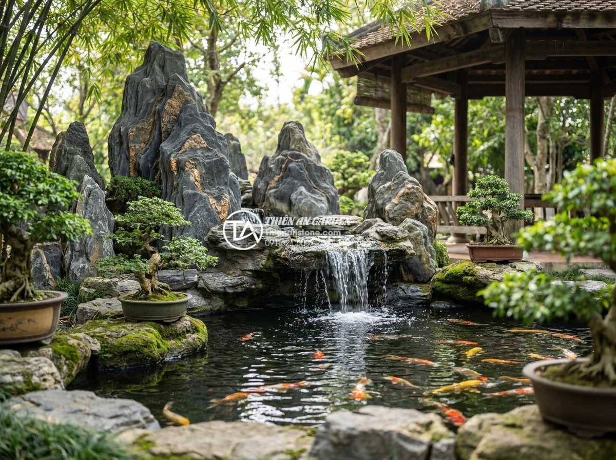 Nên chọn đá tự nhiên nào để làm tiểu cảnh thác nước bền đẹp nhất? - Traditional Japanese-inspired natural stone waterfall flowing gently into a larg