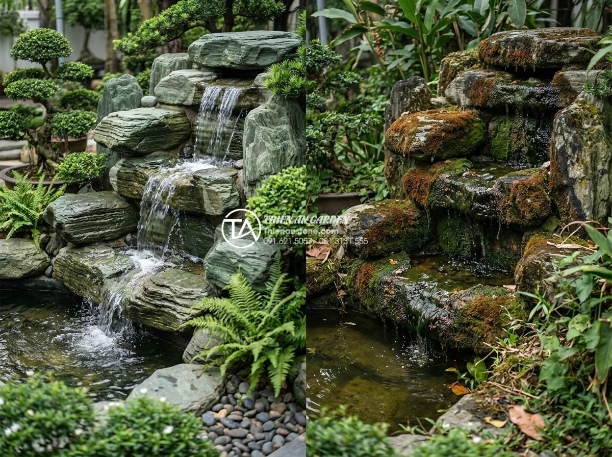 Nên chọn đá tự nhiên nào để làm tiểu cảnh thác nước bền đẹp nhất? - Before and after comparison of a well-maintained natural stone waterfall versus 