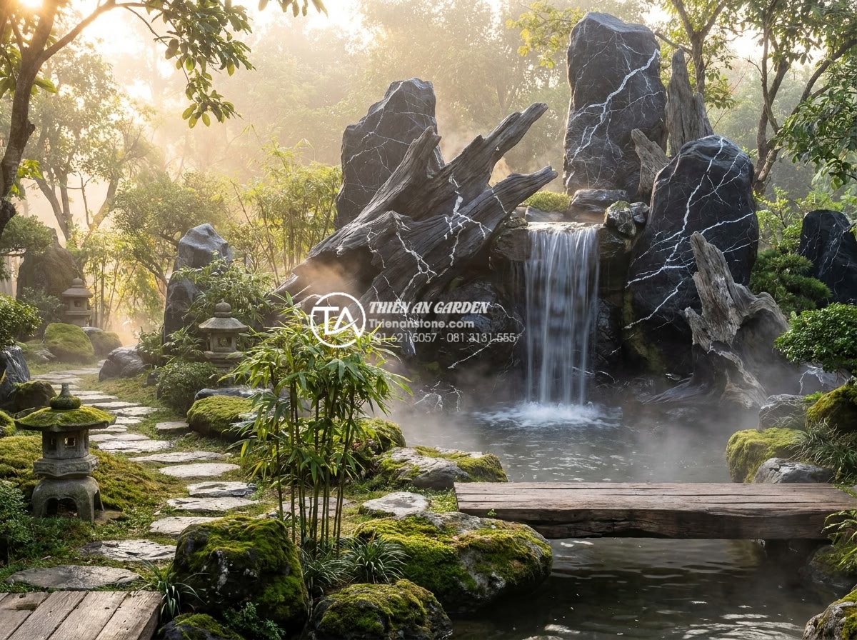 Nên chọn đá tự nhiên nào để làm tiểu cảnh thác nước bền đẹp nhất? - Serene natural stone waterfall in a peaceful Vietnamese zen garden at sunrise, w