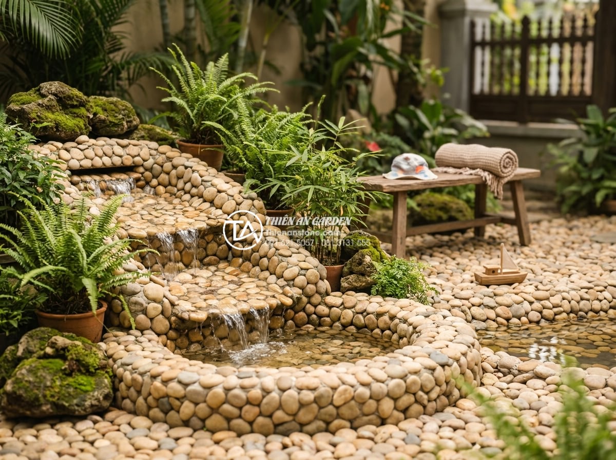 Nên chọn đá tự nhiên nào để làm tiểu cảnh thác nước bền đẹp nhất? - Happy Vietnamese family enjoying their beautifully designed natural stone waterf