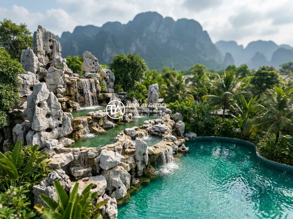 Nên chọn đá tự nhiên nào để làm tiểu cảnh thác nước bền đẹp nhất? - Aerial drone shot of a stunning large-scale natural stone waterfall integrated i