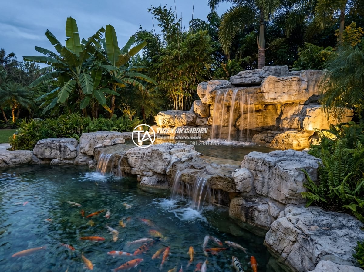 Nên chọn đá tự nhiên nào để làm tiểu cảnh thác nước bền đẹp nhất? - Wide angle view of an elegant multi-level natural stone waterfall made from prem