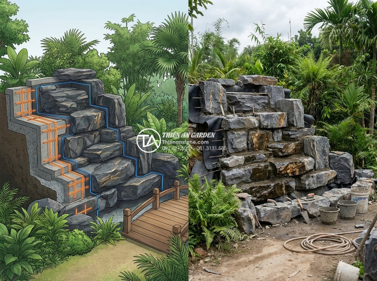 Nên chọn đá tự nhiên nào để làm tiểu cảnh thác nước bền đẹp nhất? - Professional architectural rendering and real photo comparison of natural stone 