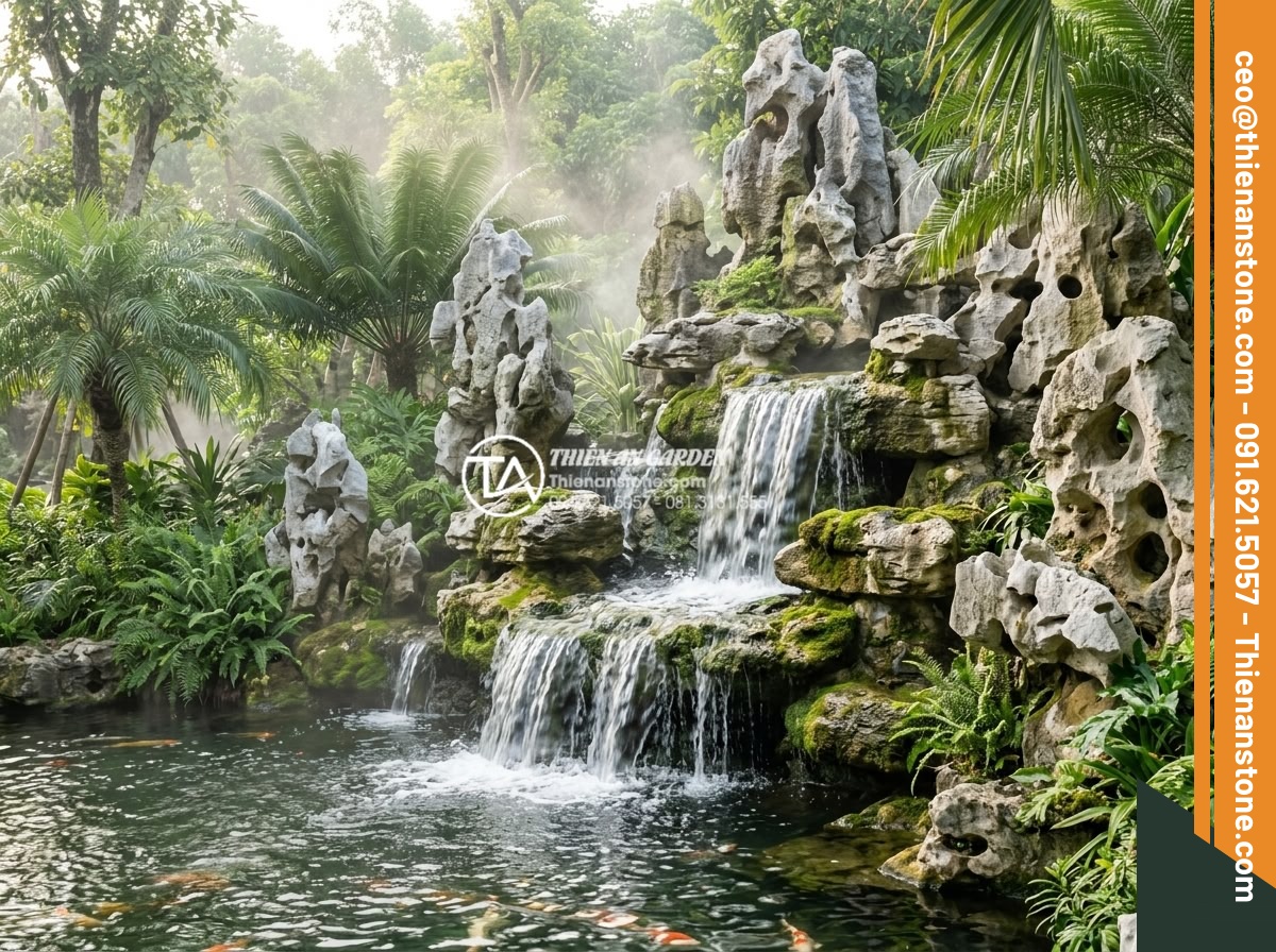 Nghệ thuật sắp đặt đá cảnh trong tiểu cảnh thác nước chuẩn tự nhiên - Photorealistic wide shot of a luxurious natural stone waterfall cascading over l