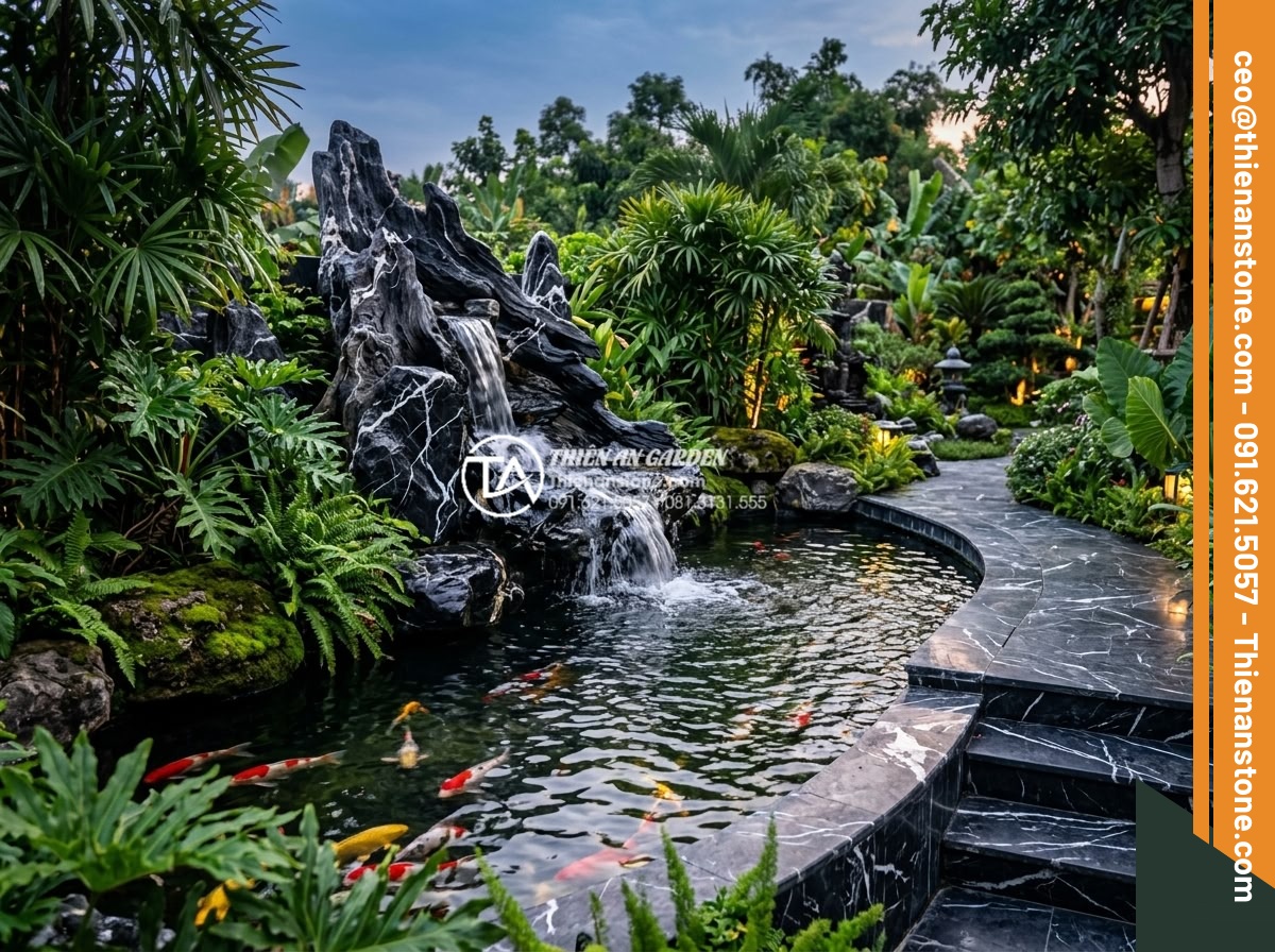 Nghệ thuật sắp đặt đá cảnh trong tiểu cảnh thác nước chuẩn tự nhiên - Professional photography of harmonious garden scene combining natural stone wate