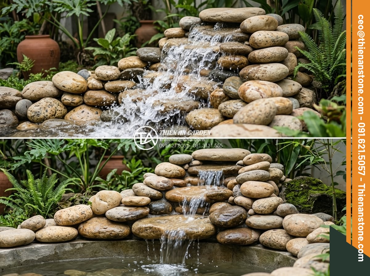 Nghệ thuật sắp đặt đá cảnh trong tiểu cảnh thác nước chuẩn tự nhiên - Professional before and after comparison style photo showing poorly designed spl