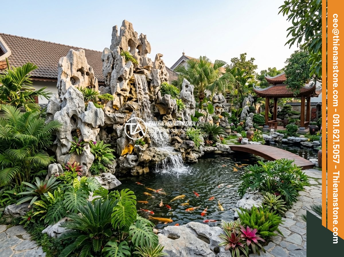 Nghệ thuật sắp đặt đá cảnh trong tiểu cảnh thác nước chuẩn tự nhiên - Professional wide shot of complete luxury natural stone waterfall project in a h