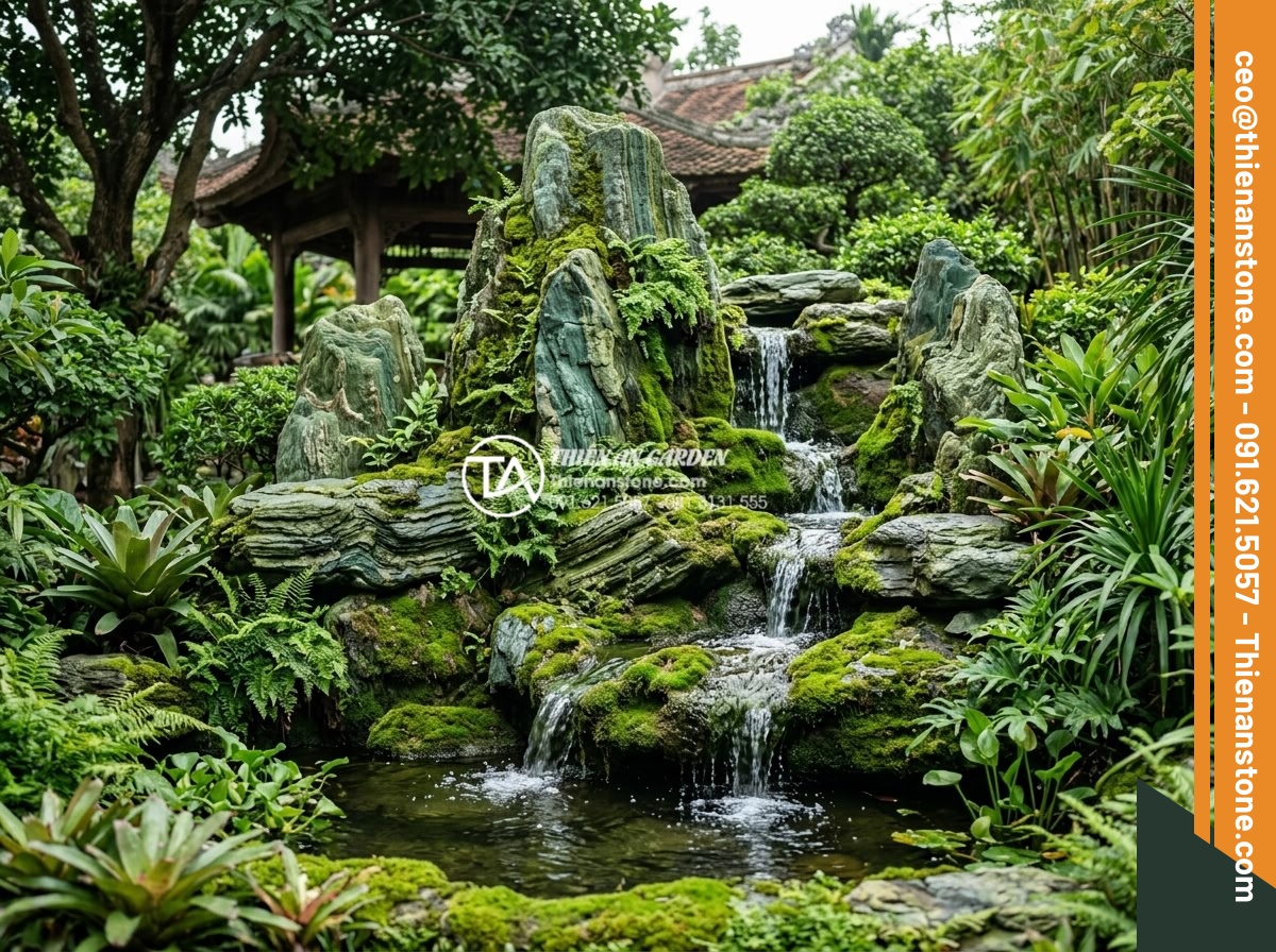 Nghệ thuật sắp đặt đá cảnh trong tiểu cảnh thác nước chuẩn tự nhiên - Beautiful long term result photo of 8 year old natural stone waterfall still loo