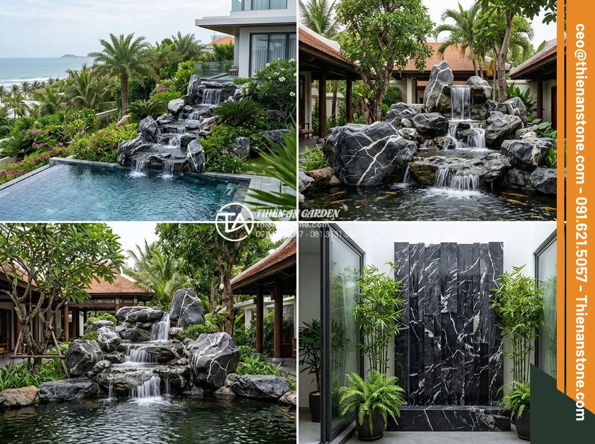 Nghệ thuật sắp đặt đá cảnh trong tiểu cảnh thác nước chuẩn tự nhiên - Professional portfolio style photo of multiple award winning natural stone water
