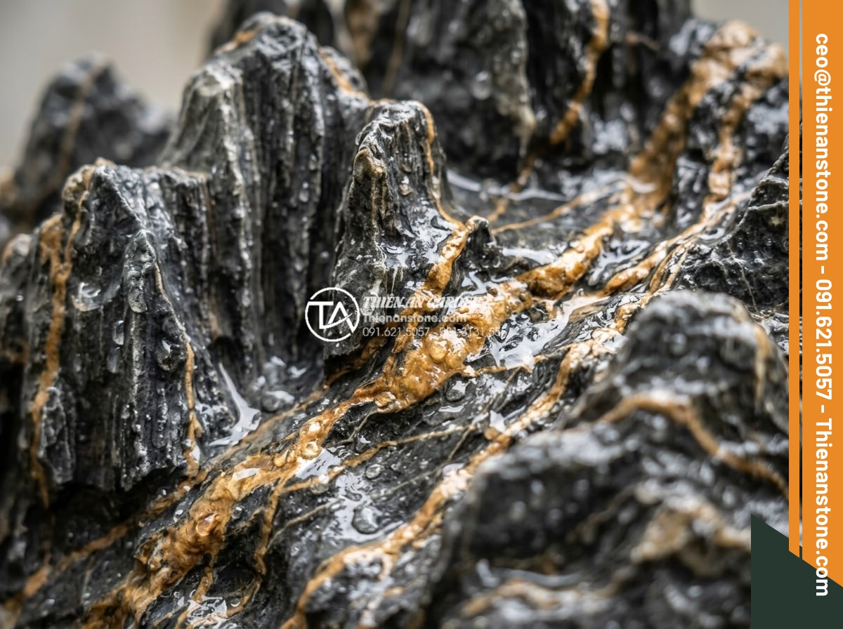 Nghệ thuật sắp đặt đá cảnh trong tiểu cảnh thác nước chuẩn tự nhiên - Macro close-up of intricate natural stone textures showing granite with quartz v