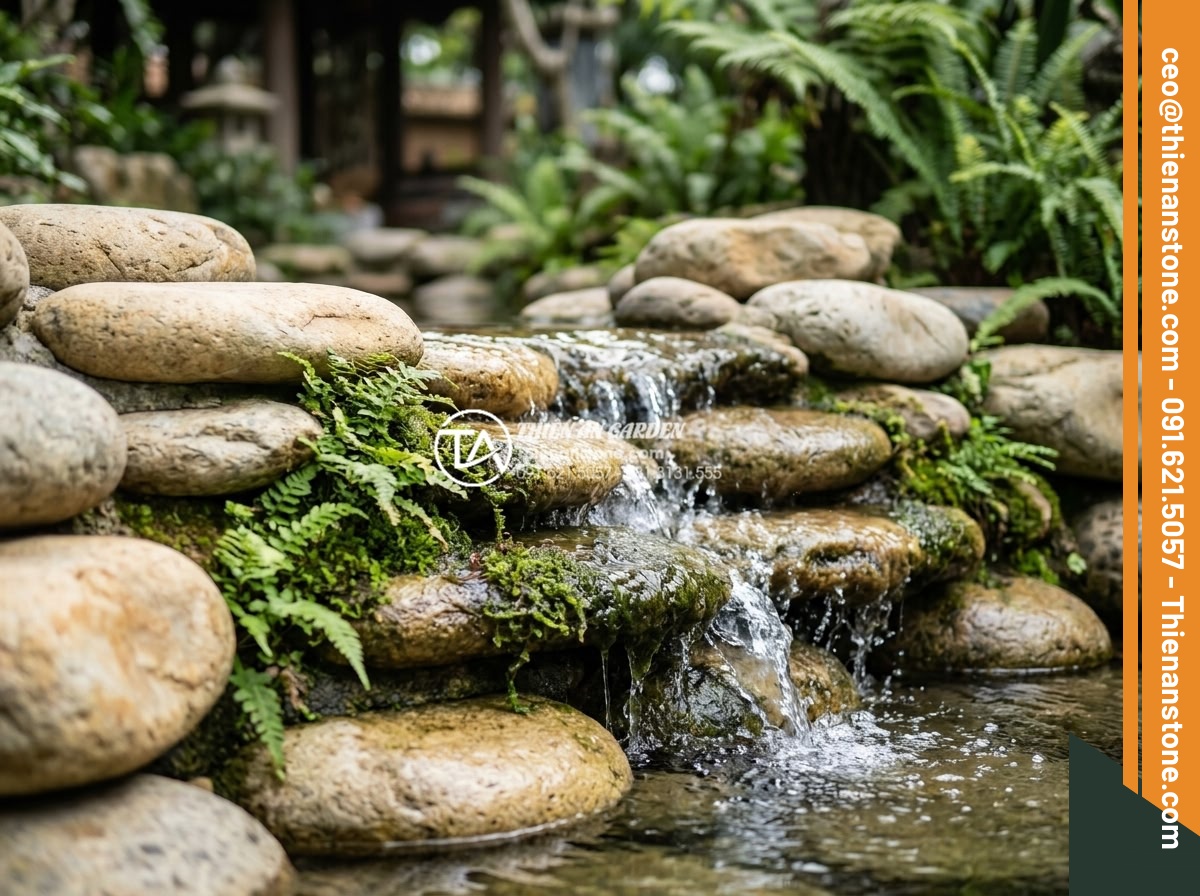 Nghệ thuật sắp đặt đá cảnh trong tiểu cảnh thác nước chuẩn tự nhiên - Close-up professional shot of water cascading naturally over layered natural sto