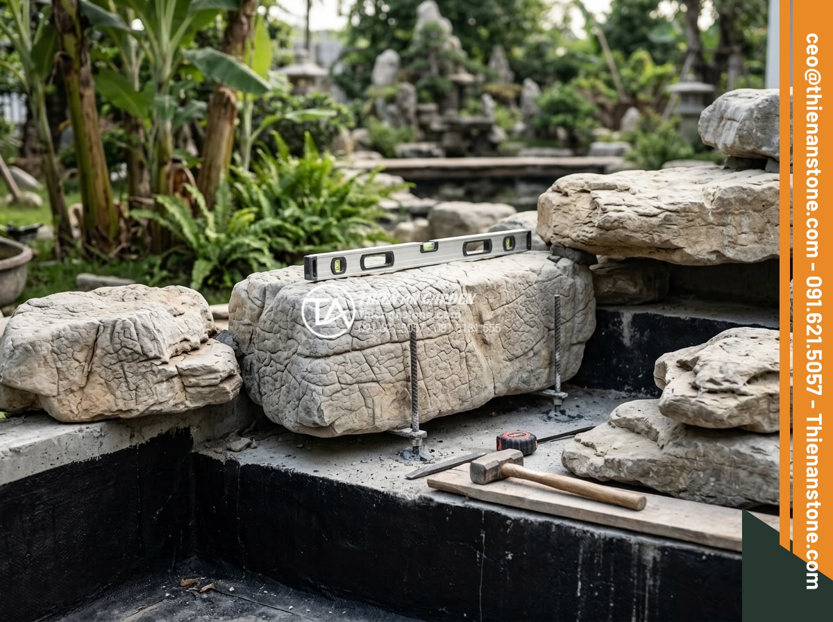 Nghệ thuật sắp đặt đá cảnh trong tiểu cảnh thác nước chuẩn tự nhiên - Professional construction photography showing detailed stone placement technique
