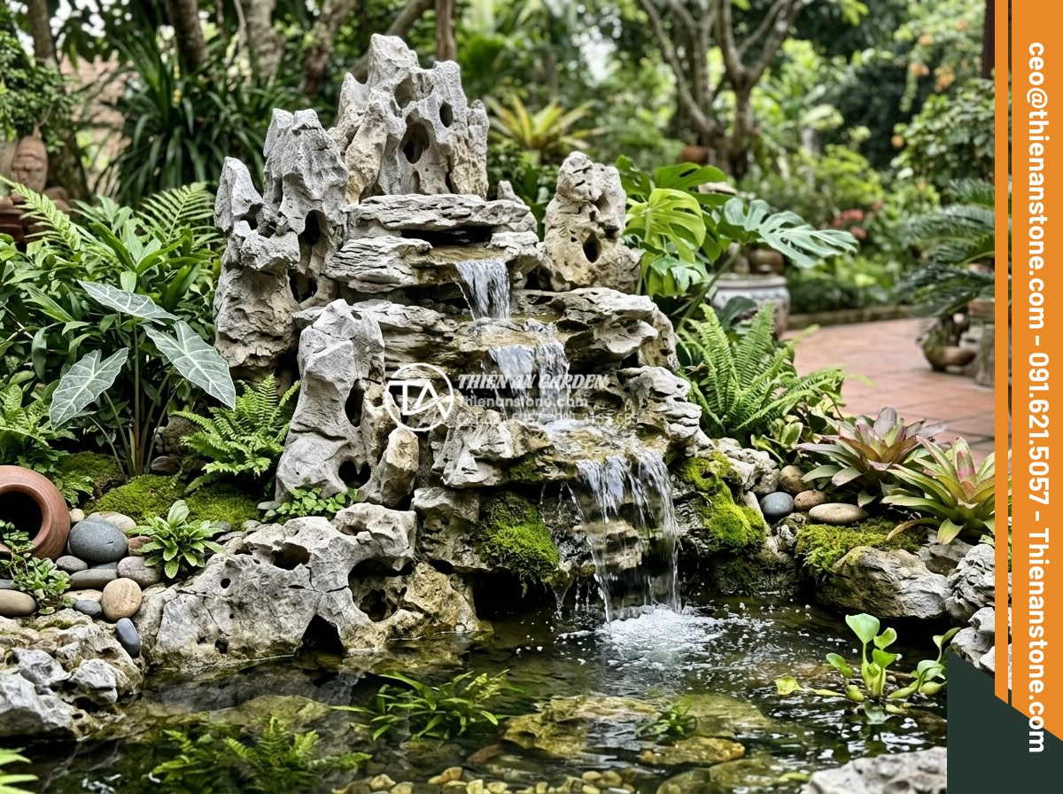 Nghệ thuật sắp đặt đá cảnh trong tiểu cảnh thác nước chuẩn tự nhiên - High quality image of finished natural stone waterfall base showing precise laye