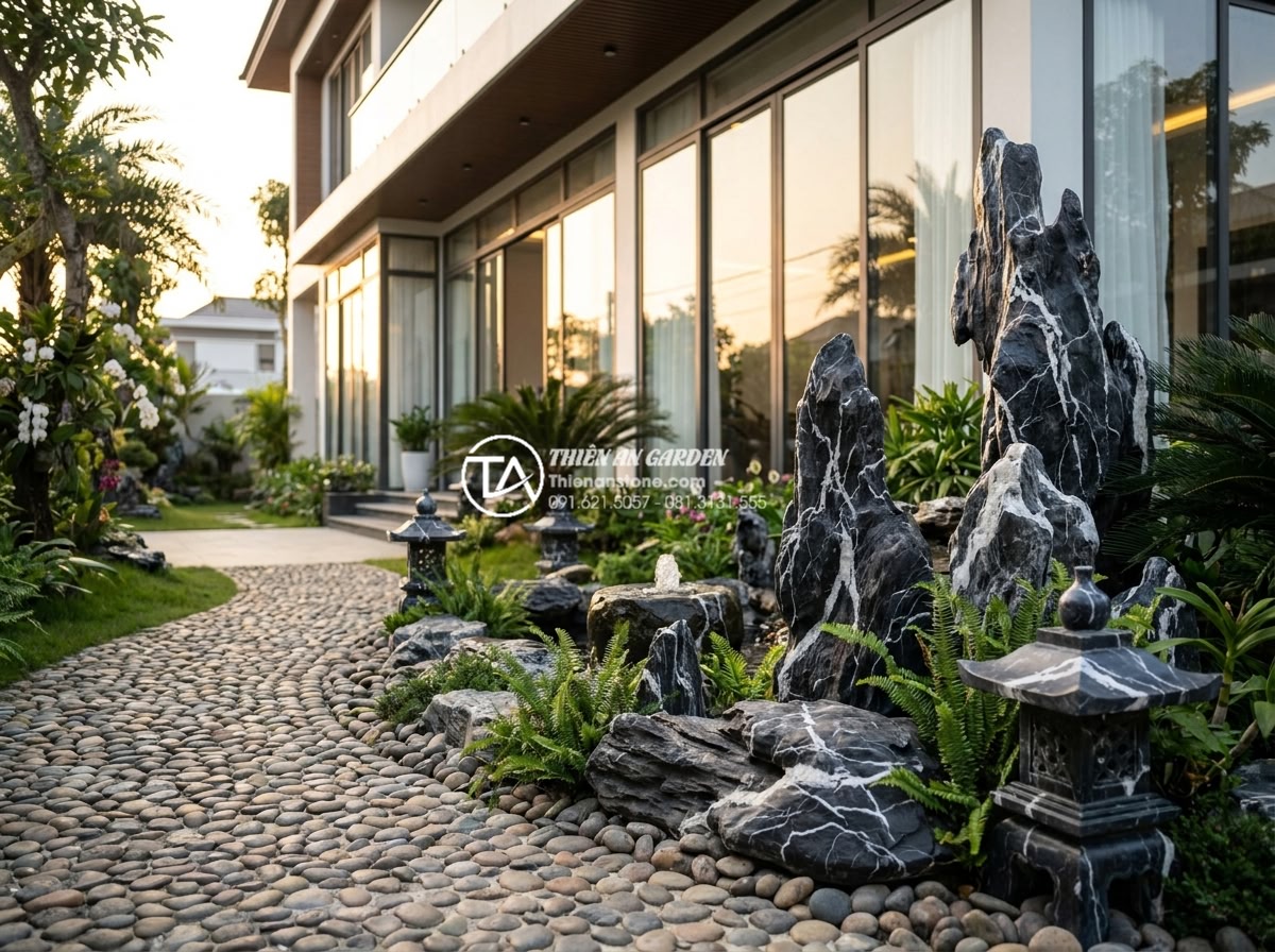 Nghệ thuật sắp đặt tiểu cảnh trước biệt thự và nhà cấp 4 hiện đại - Luxurious modern Vietnamese villa front yard featuring elegant natural stone roc