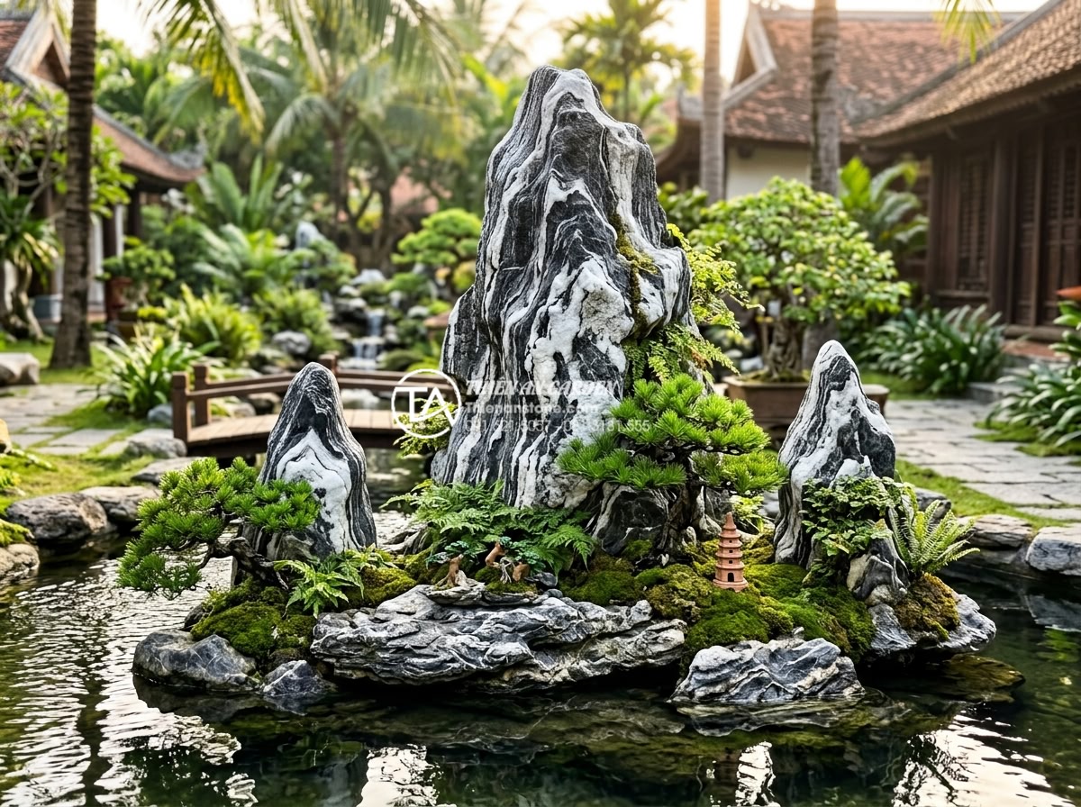 Nghệ thuật xếp đá hòn non bộ: Tỷ lệ vàng giữa ngọn chính và ngọn phụ - Professional close-up photograph of a majestic Vietnamese hon non bo rock mounta
