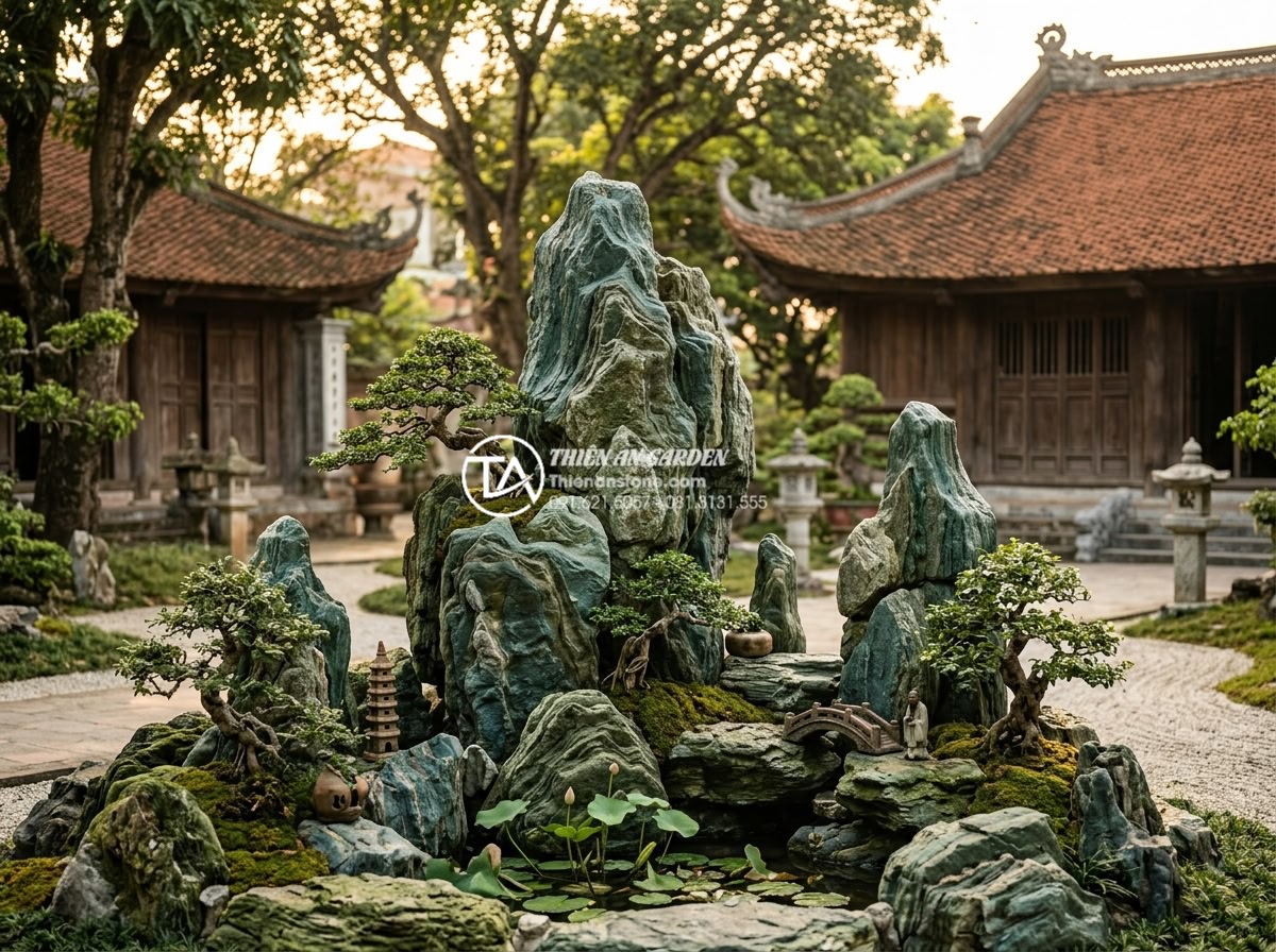 Nghệ thuật xếp đá hòn non bộ: Tỷ lệ vàng giữa ngọn chính và ngọn phụ - Hình 2 Nghệ thuật xếp đá hòn non bộ: Tỷ lệ vàng giữa ngọn chính và ngọn phụ - Wide angle artistic rendering of historical Vietnamese hon non bo in a tradition