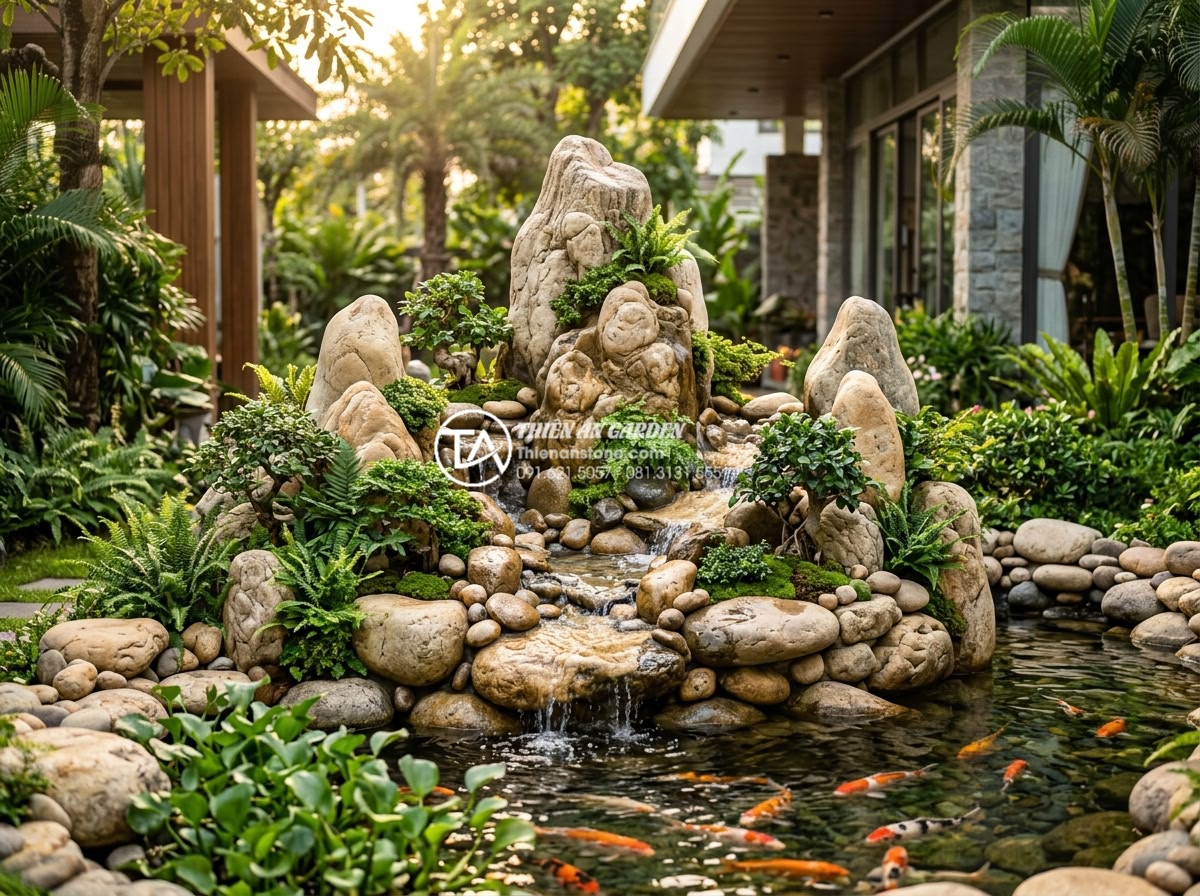 Nghệ thuật xếp đá hòn non bộ: Tỷ lệ vàng giữa ngọn chính và ngọn phụ - Hình 4 Nghệ thuật xếp đá hòn non bộ: Tỷ lệ vàng giữa ngọn chính và ngọn phụ - Stunning real-life example of traditional Vietnamese three-peak hon non bo with