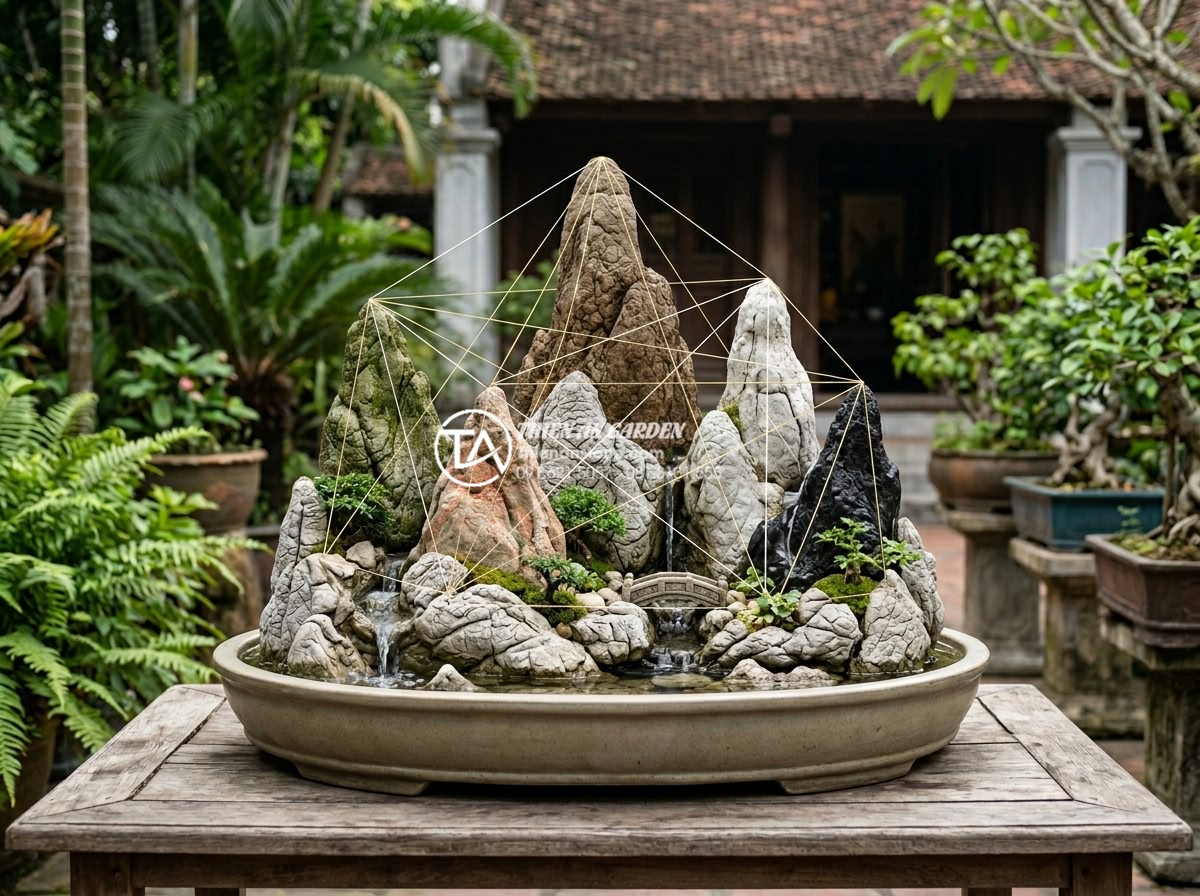 Nghệ thuật xếp đá hòn non bộ: Tỷ lệ vàng giữa ngọn chính và ngọn phụ - Hình 5 Nghệ thuật xếp đá hòn non bộ: Tỷ lệ vàng giữa ngọn chính và ngọn phụ - Detailed infographic style image illustrating the five elements (Ngũ Hành) integ