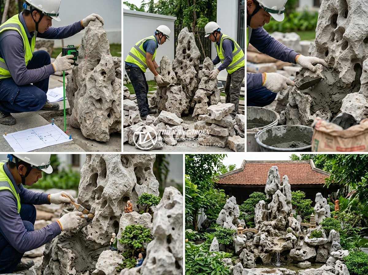 Nghệ thuật xếp đá hòn non bộ: Tỷ lệ vàng giữa ngọn chính và ngọn phụ - Hình 6 Nghệ thuật xếp đá hòn non bộ: Tỷ lệ vàng giữa ngọn chính và ngọn phụ - Step-by-step professional construction photography series of a hon non bo being
