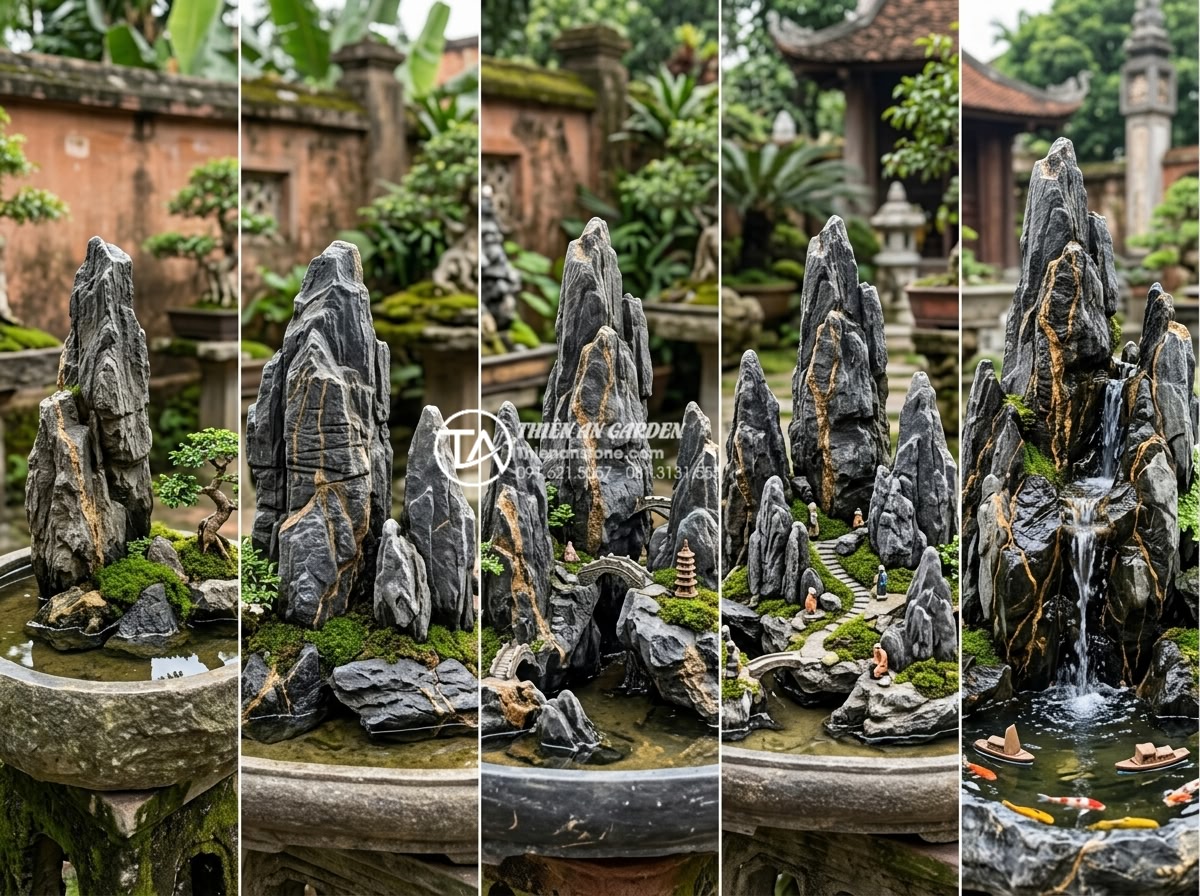 Nghệ thuật xếp đá hòn non bộ: Tỷ lệ vàng giữa ngọn chính và ngọn phụ - Hình 7 Nghệ thuật xếp đá hòn non bộ: Tỷ lệ vàng giữa ngọn chính và ngọn phụ - Collage of five different popular Vietnamese hon non bo styles side by side, eac
