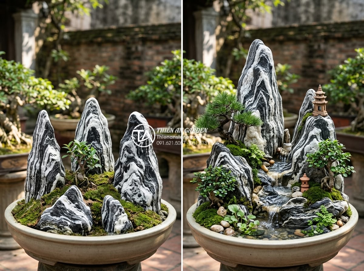 Nghệ thuật xếp đá hòn non bộ: Tỷ lệ vàng giữa ngọn chính và ngọn phụ - Hình 8 Nghệ thuật xếp đá hòn non bộ: Tỷ lệ vàng giữa ngọn chính và ngọn phụ - Before and after comparison image of a poorly arranged hon non bo with equal hei