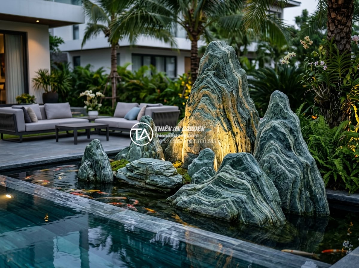 Nghệ thuật xếp đá hòn non bộ: Tỷ lệ vàng giữa ngọn chính và ngọn phụ - Hình 9 Nghệ thuật xếp đá hòn non bộ: Tỷ lệ vàng giữa ngọn chính và ngọn phụ - Luxury modern villa garden featuring a large scale hon non bo as the centerpiece