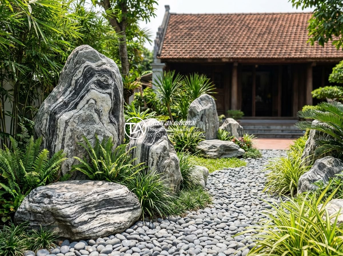 Những điều đại kỵ cần tránh khi đặt đá cảnh trong tiểu cảnh sân trước - Hình 2 Những điều đại kỵ cần tránh khi đặt đá cảnh trong tiểu cảnh sân trước - Detailed professional photo of Feng Shui stone arrangement in a Vietnamese front