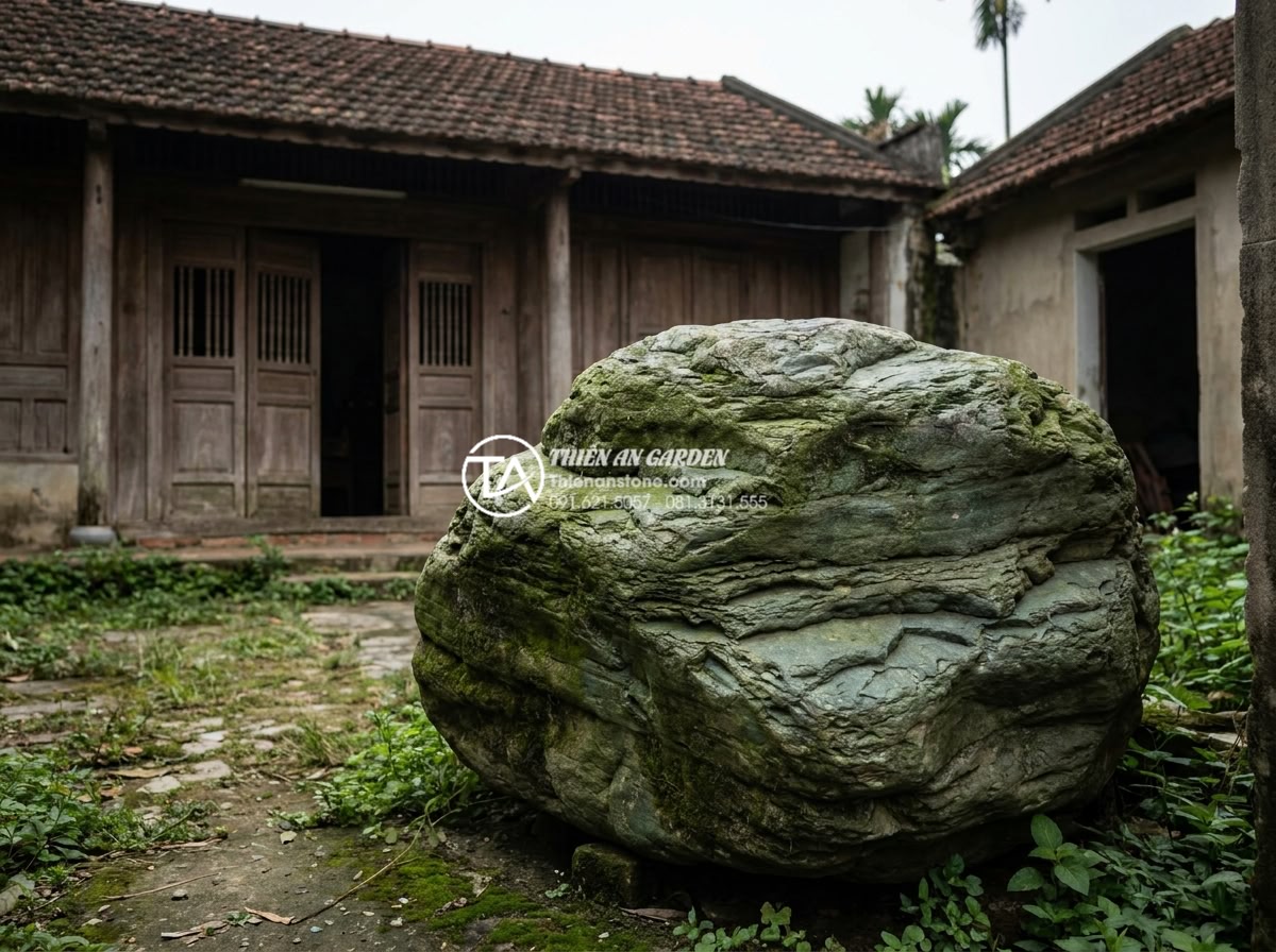Những điều đại kỵ cần tránh khi đặt đá cảnh trong tiểu cảnh sân trước - Hình 3 Những điều đại kỵ cần tránh khi đặt đá cảnh trong tiểu cảnh sân trước - Realistic high-detail image showing incorrect Feng Shui stone placement directly