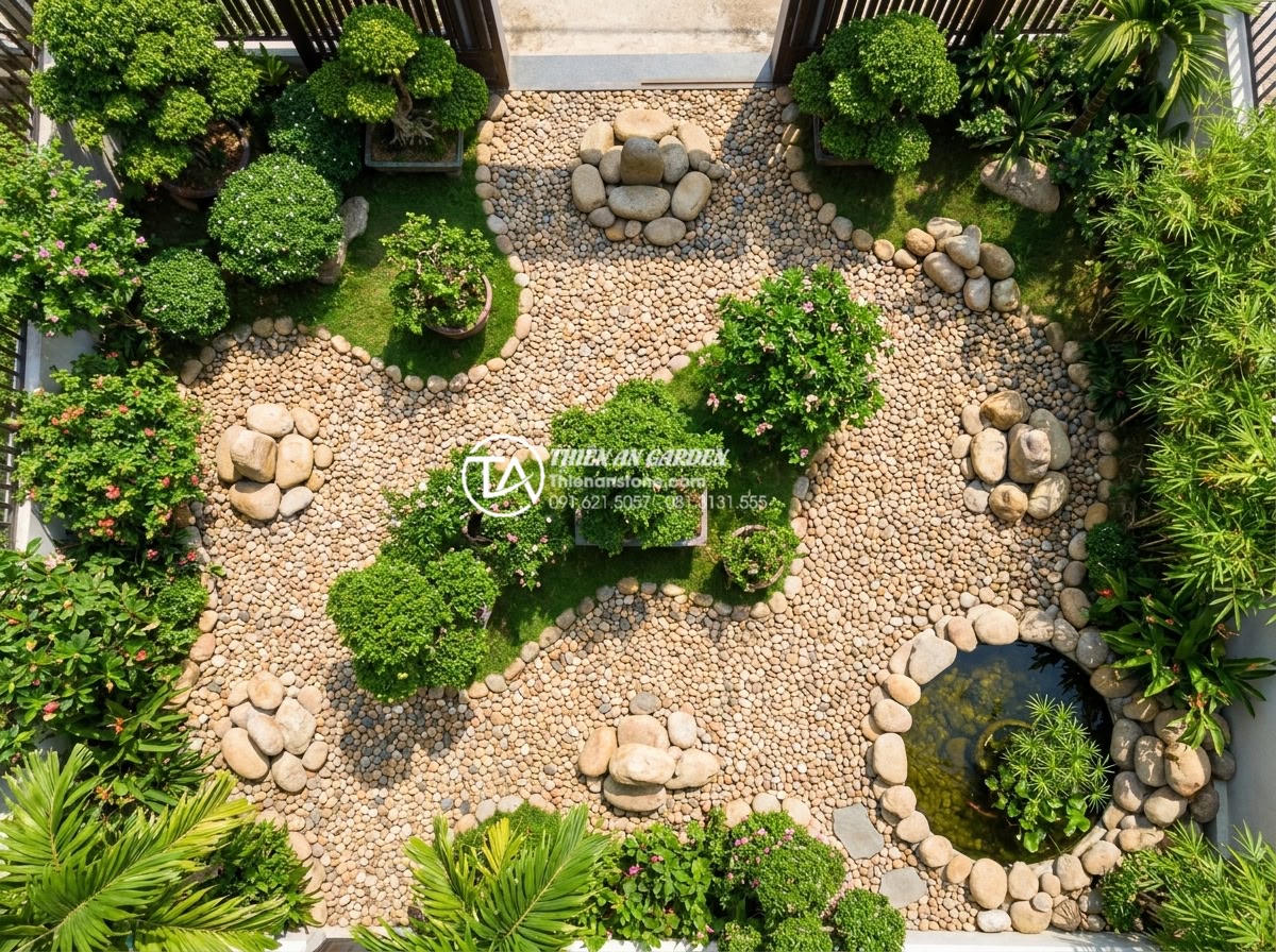 Những điều đại kỵ cần tránh khi đặt đá cảnh trong tiểu cảnh sân trước - Hình 5 Những điều đại kỵ cần tránh khi đặt đá cảnh trong tiểu cảnh sân trước - Aerial view realistic photograph of a perfectly Feng Shui arranged Vietnamese fr