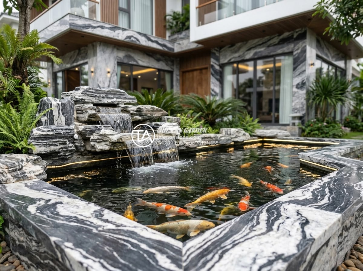 Những vật liệu không thể thiếu khi thi công tiểu cảnh trước nhà biệt thự - Beautiful koi pond integrated with natural stone landscaping in front of a luxur