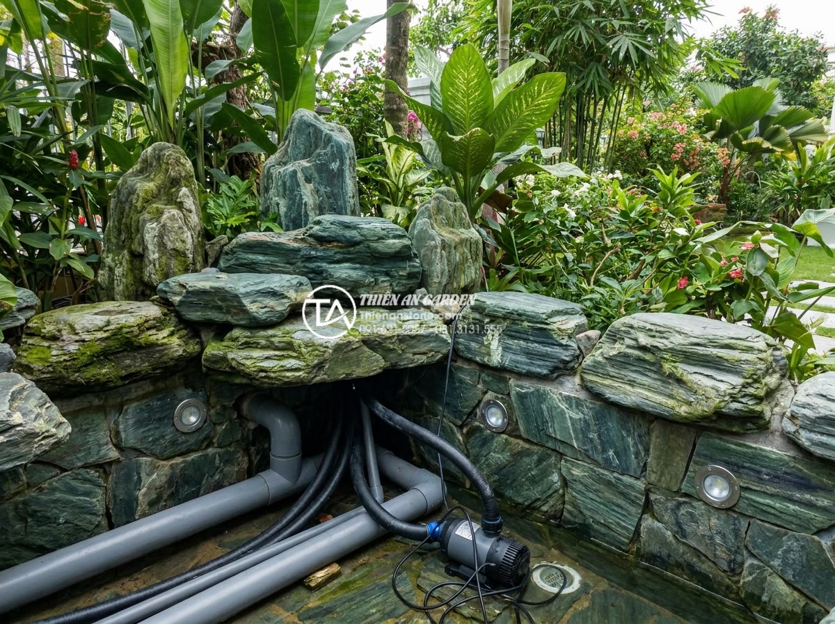 Những vật liệu không thể thiếu khi thi công tiểu cảnh trước nhà biệt thự - High-end koi pond construction details showing natural stone edging, hidden filt