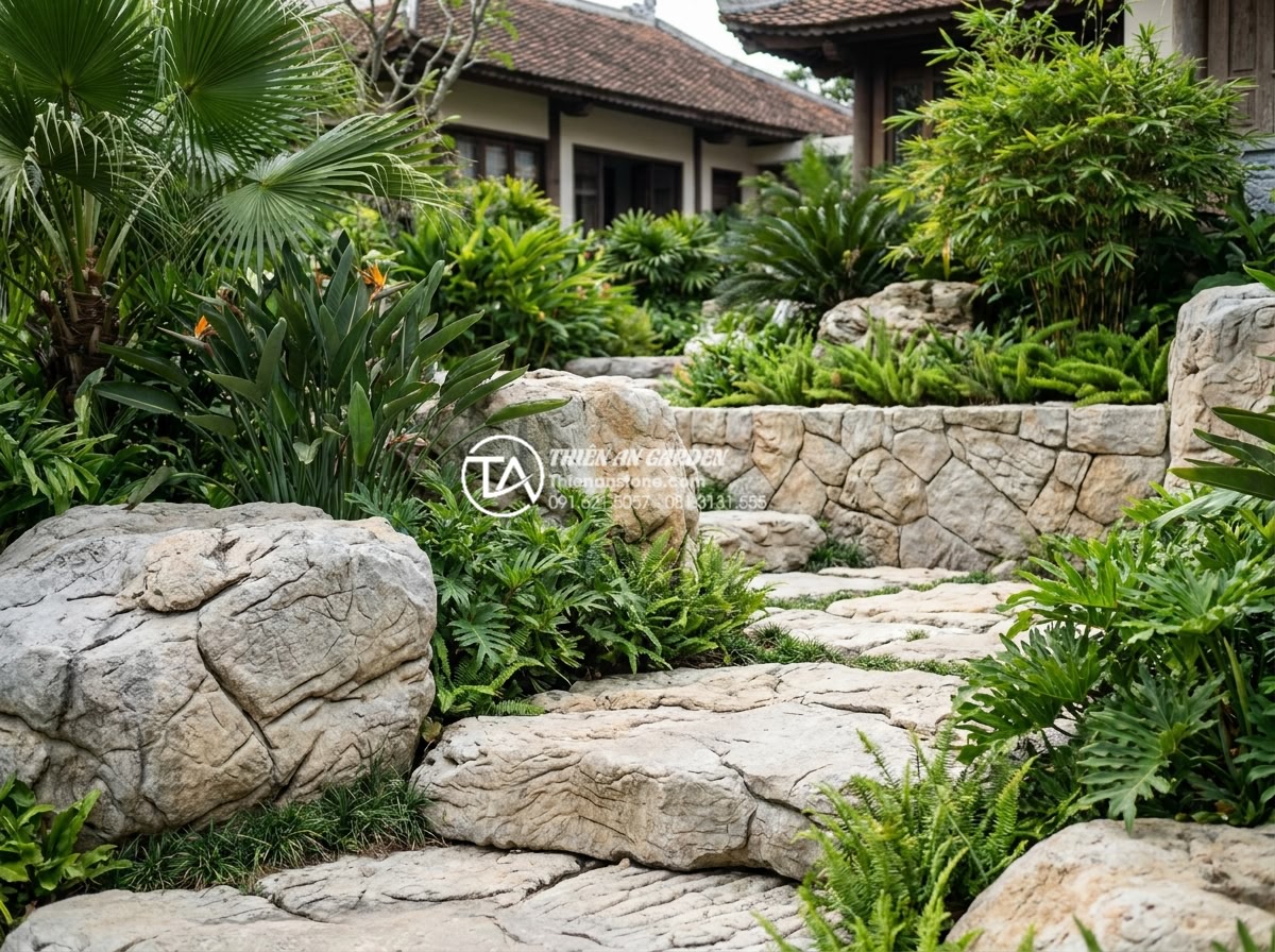 Những vật liệu không thể thiếu khi thi công tiểu cảnh trước nhà biệt thự - Lush tropical plants and trees harmoniously integrated with natural stone elemen