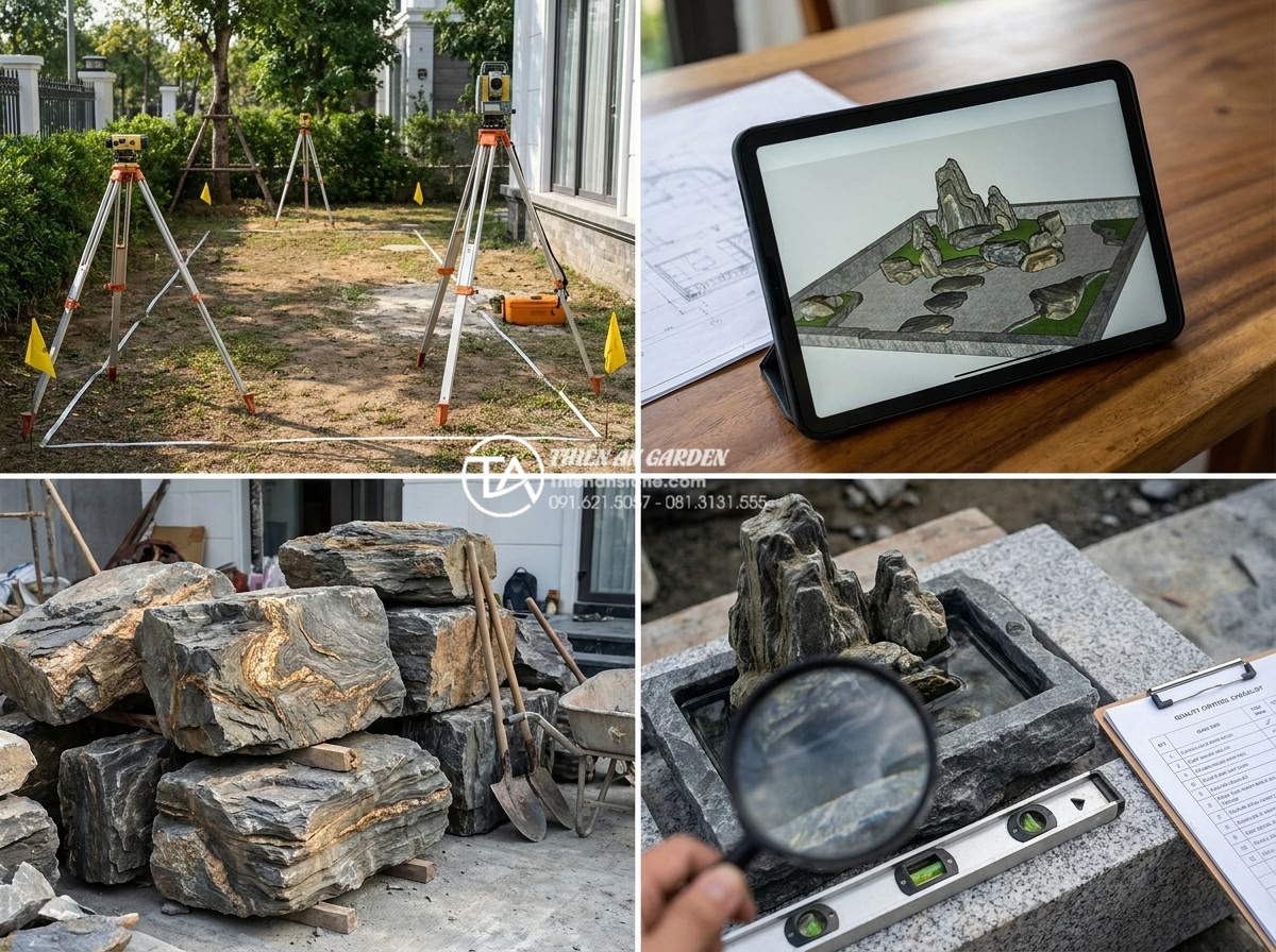 Những vật liệu không thể thiếu khi thi công tiểu cảnh trước nhà biệt thự - Complete professional stone garden construction process for a luxury villa showi