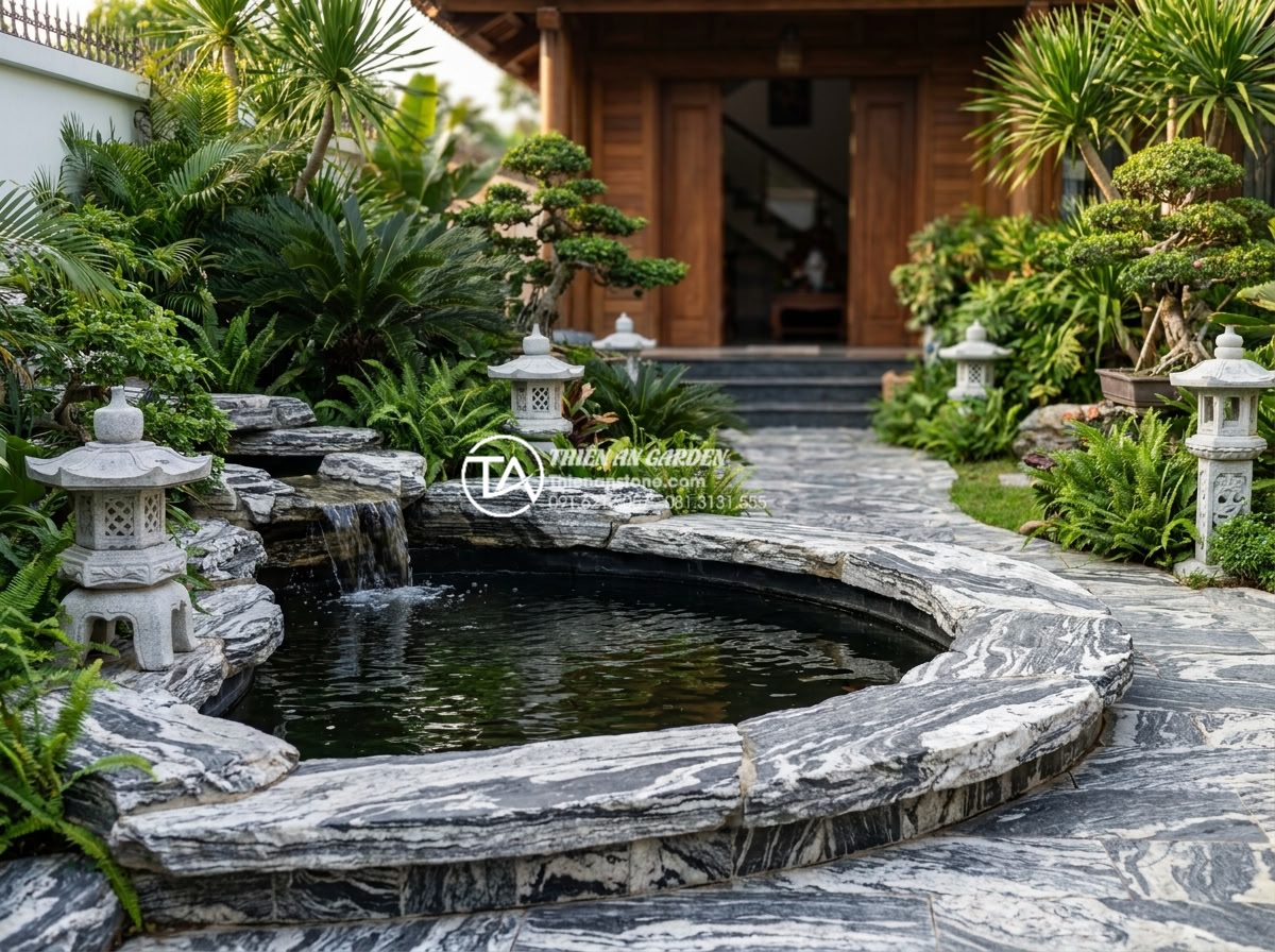 Những vật liệu không thể thiếu khi thi công tiểu cảnh trước nhà biệt thự - Final handover of a stunning completed villa front yard landscape featuring prem