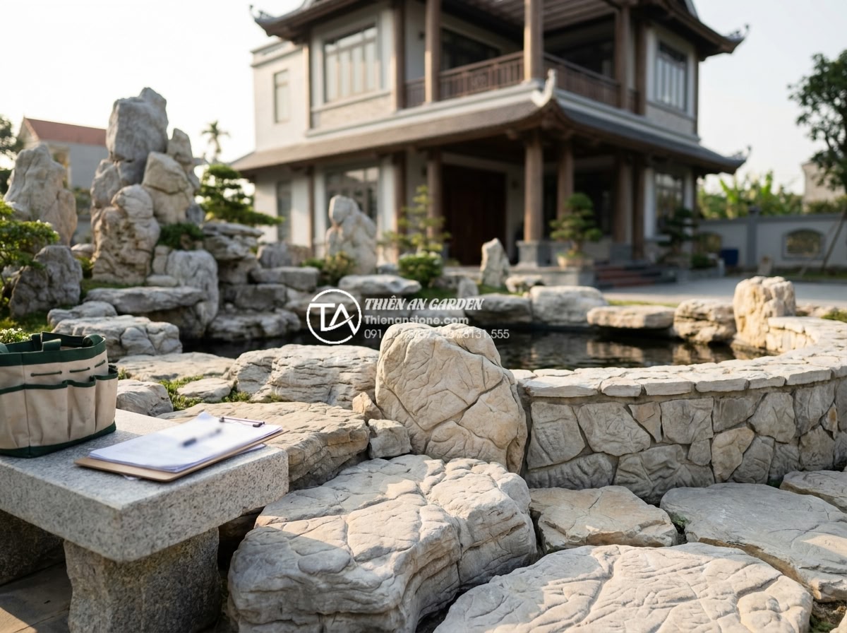 Những vật liệu không thể thiếu khi thi công tiểu cảnh trước nhà biệt thự - Happy Vietnamese family enjoying their newly completed luxury stone garden in fr