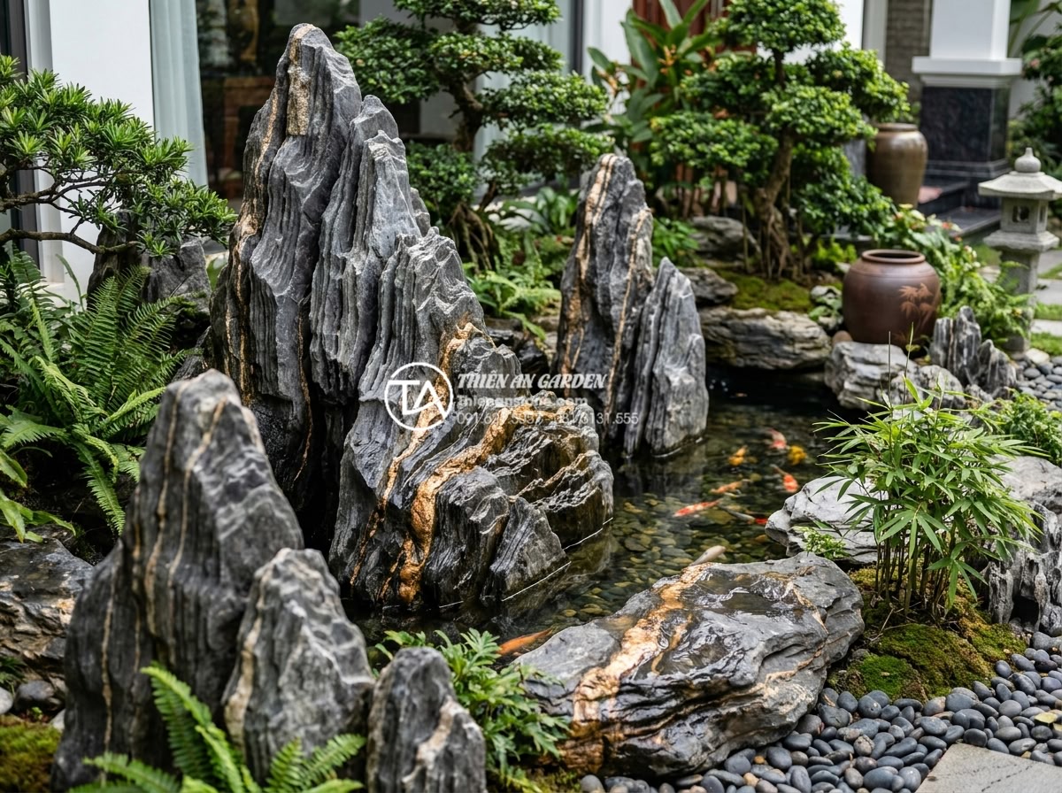 Những vật liệu không thể thiếu khi thi công tiểu cảnh trước nhà biệt thự - Stunning collection of premium natural stones including black granite slabs, por