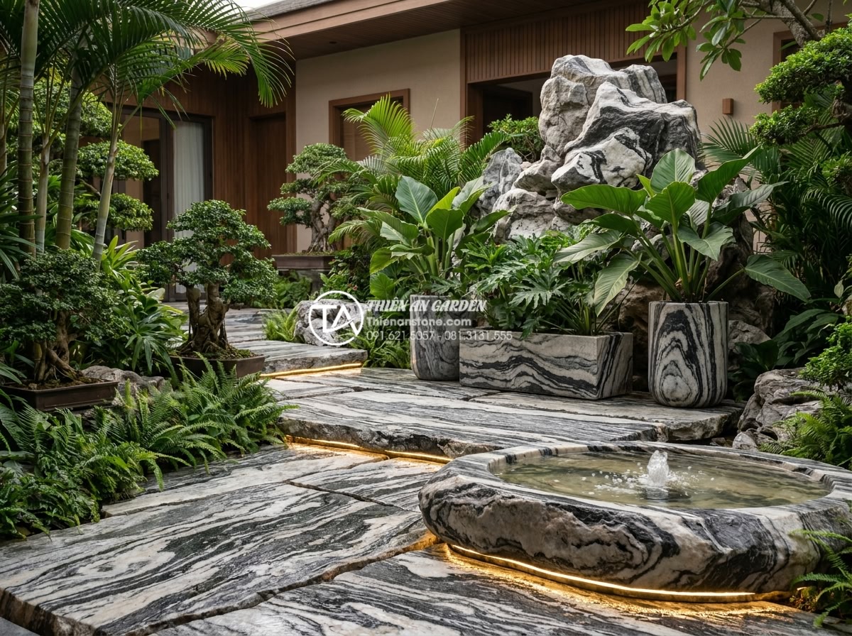 Những vật liệu không thể thiếu khi thi công tiểu cảnh trước nhà biệt thự - Professional installation of natural stone elements in a high-end Vietnamese vil