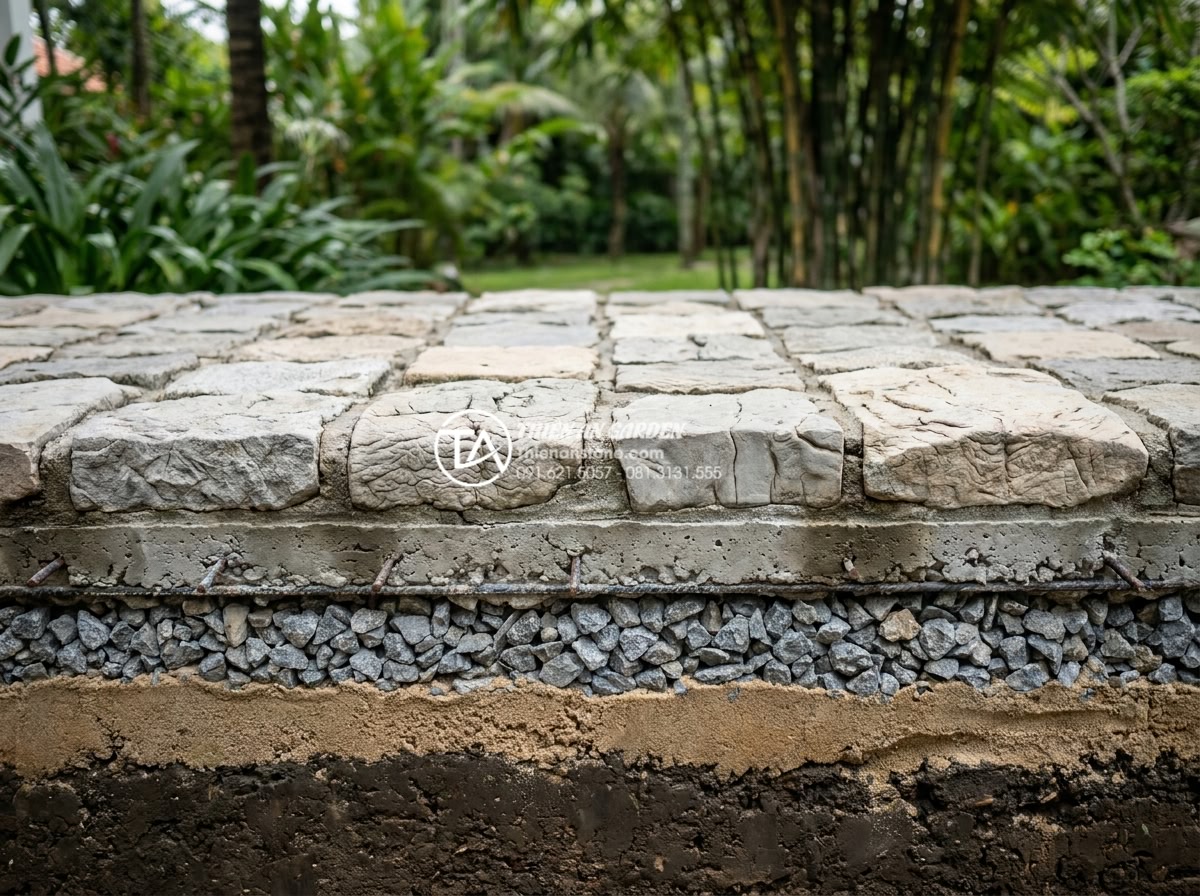 Những vật liệu không thể thiếu khi thi công tiểu cảnh trước nhà biệt thự - Detailed cross-section view of professional stone garden foundation construction