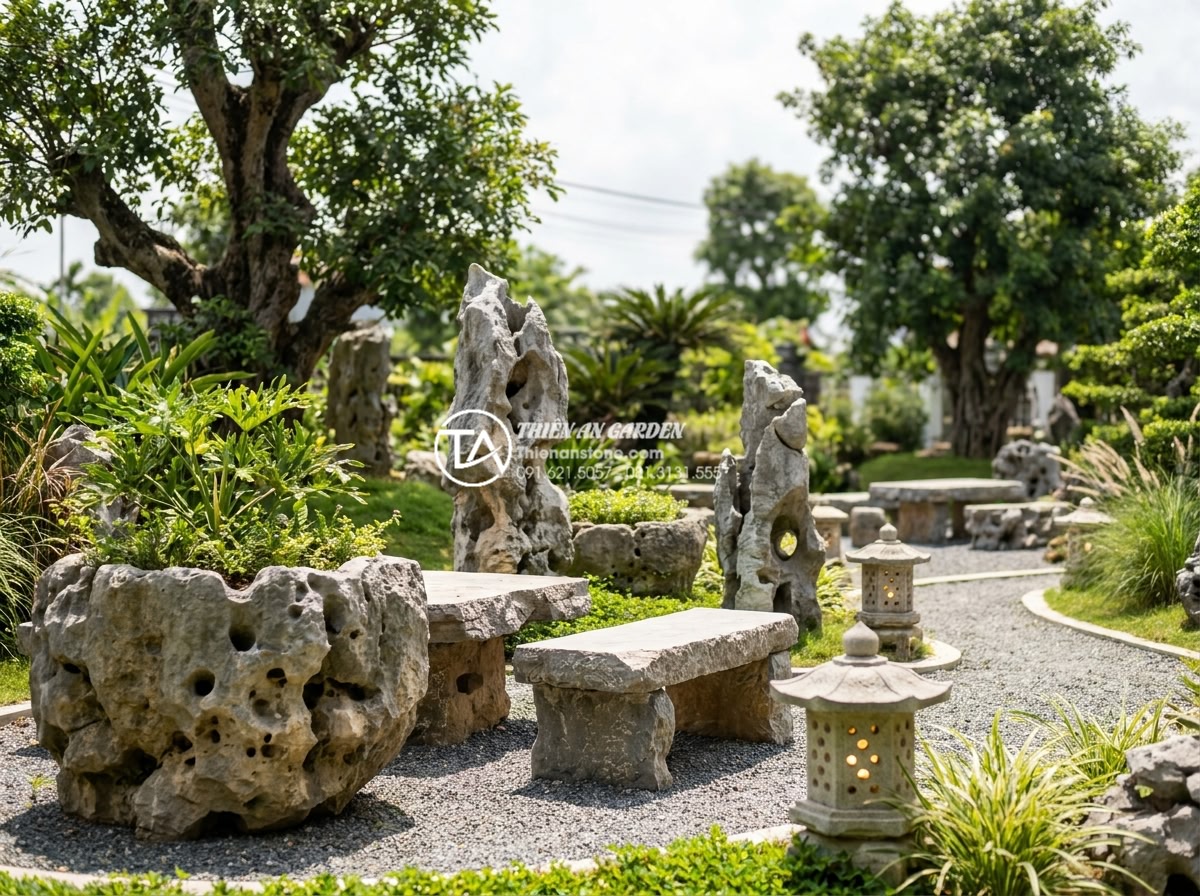 Những vật liệu không thể thiếu khi thi công tiểu cảnh trước nhà biệt thự - Luxurious stone garden accessories including large carved granite planters, matc