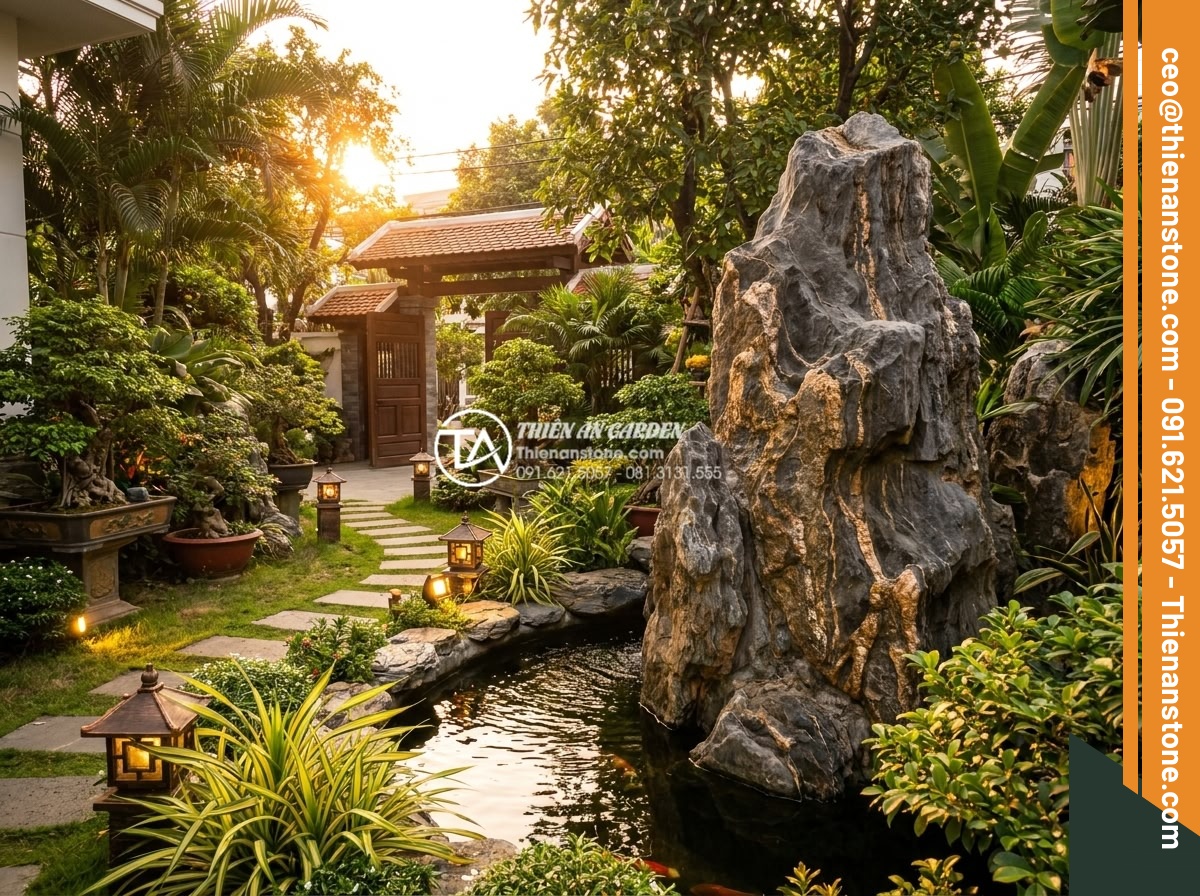 Phong thủy đá cảnh: Cách đặt đá ở sân trước để chiêu tài dẫn lộc - Hình 10 Phong thủy đá cảnh: Cách đặt đá ở sân trước để chiêu tài dẫn lộc - Happy Vietnamese family enjoying their beautifully designed feng shui front yard