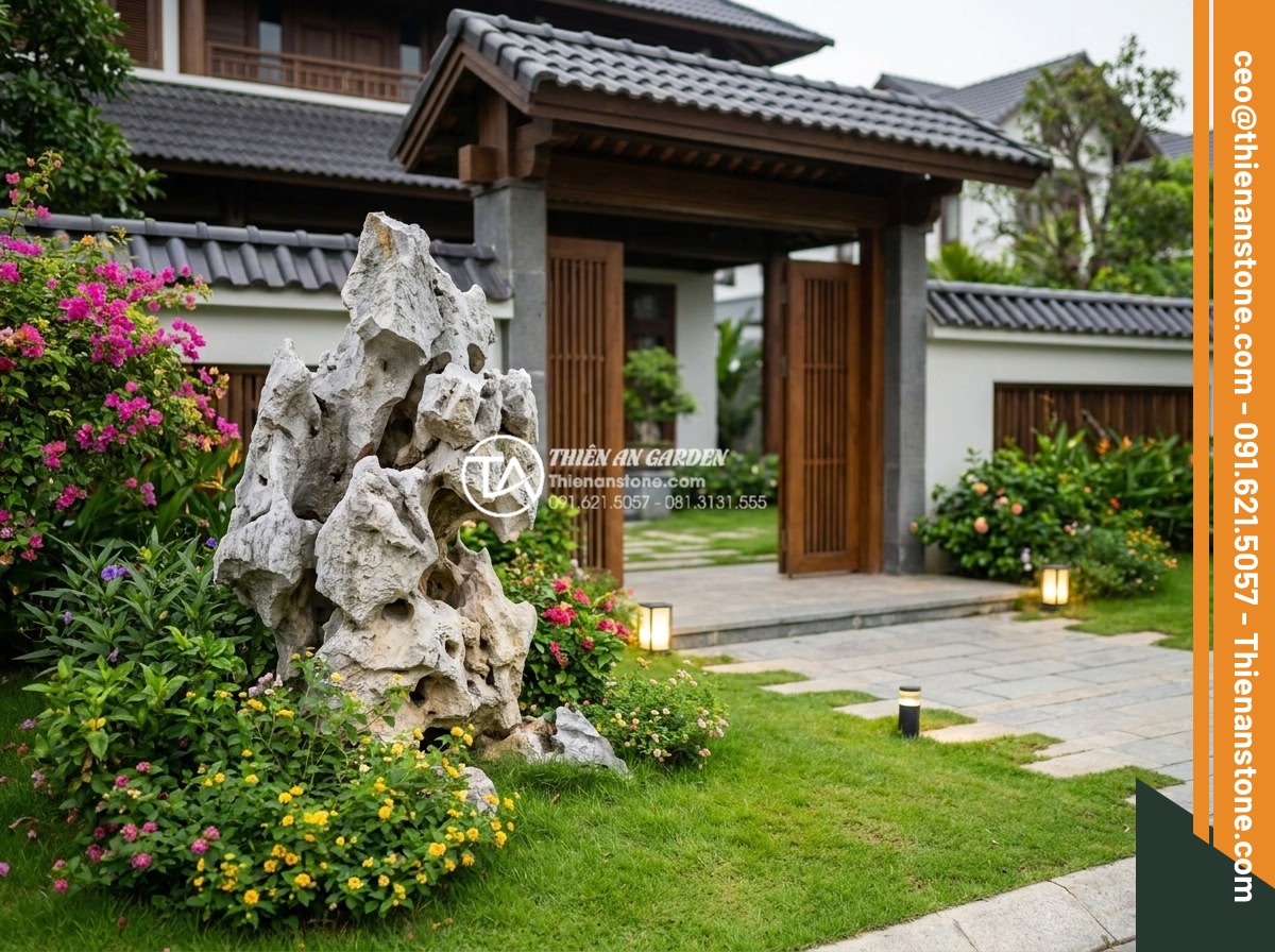 Phong thủy đá cảnh: Cách đặt đá ở sân trước để chiêu tài dẫn lộc - Hình 2 Phong thủy đá cảnh: Cách đặt đá ở sân trước để chiêu tài dẫn lộc - High angle realistic photo of ideal feng shui stone placement in a Vietnamese fr