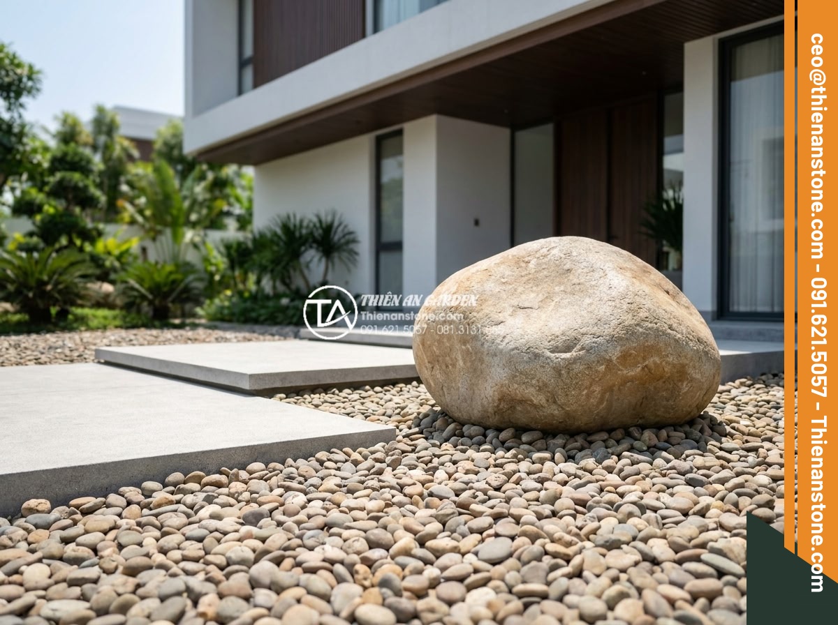 Phong thủy đá cảnh: Cách đặt đá ở sân trước để chiêu tài dẫn lộc - Hình 7 Phong thủy đá cảnh: Cách đặt đá ở sân trước để chiêu tài dẫn lộc - Modern minimalist front yard stone design with large polished granite boulder as