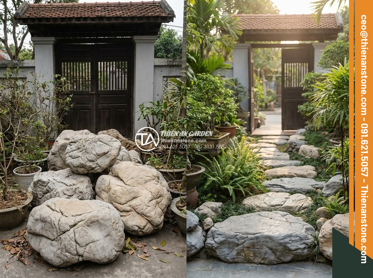 Phong thủy đá cảnh: Cách đặt đá ở sân trước để chiêu tài dẫn lộc - Hình 8 Phong thủy đá cảnh: Cách đặt đá ở sân trước để chiêu tài dẫn lộc - Before and after comparison realistic photos of a front yard stone feng shui mak