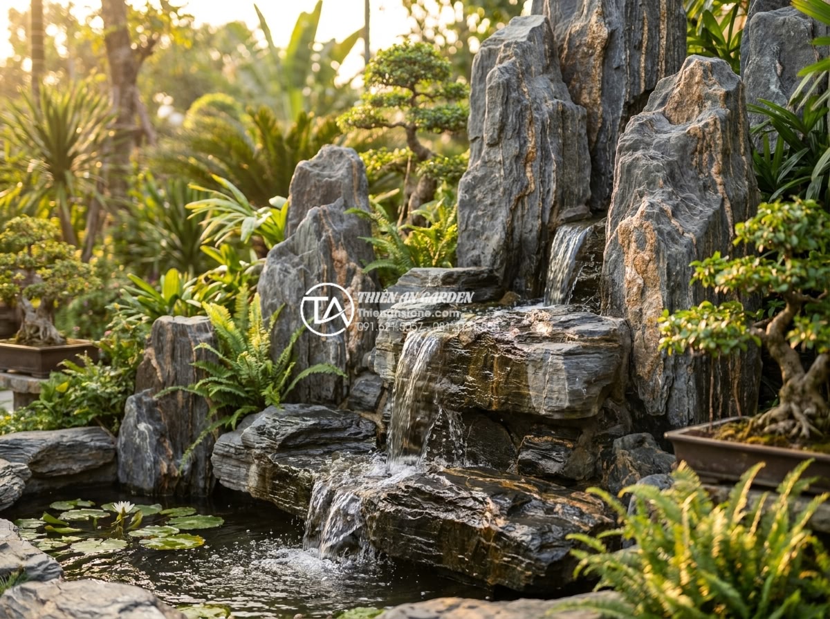 Phong thủy thác nước sân vườn: Cách đặt hướng rước tài lộc vào nhà - Happy Vietnamese family relaxing beside their beautifully designed natural stone