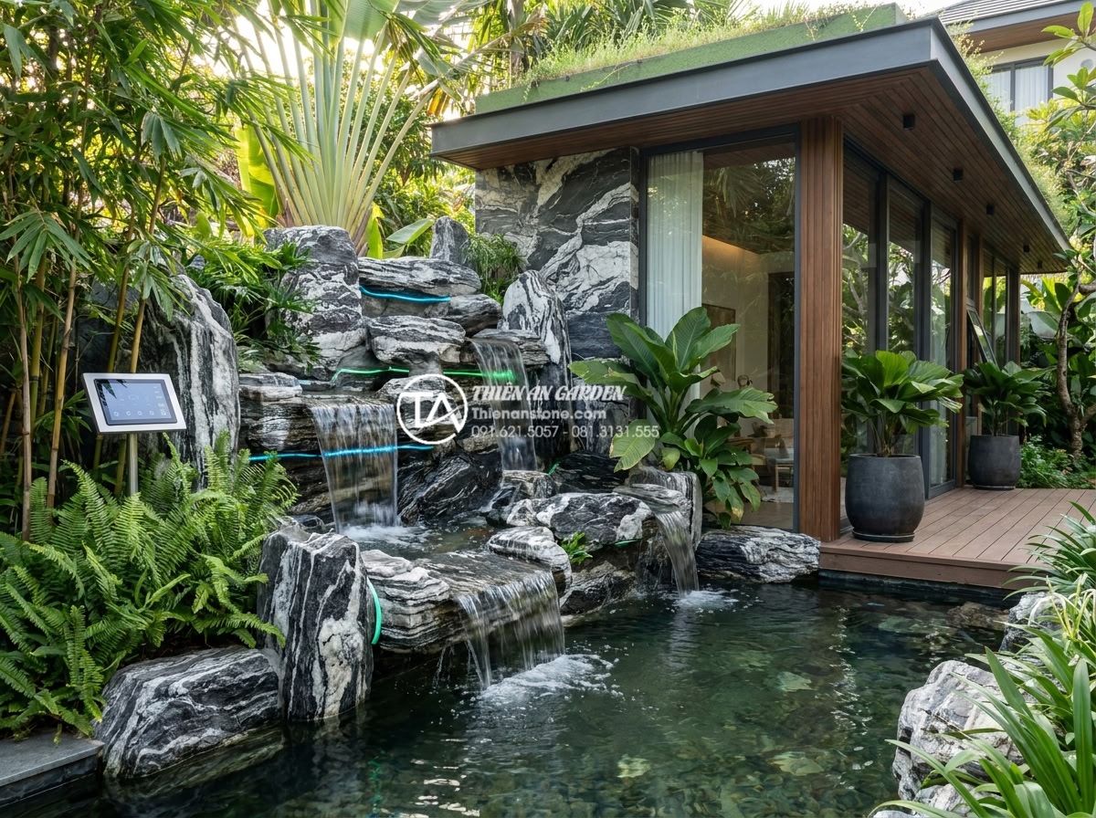Phong thủy thác nước sân vườn: Cách đặt hướng rước tài lộc vào nhà - Futuristic 2026 Vietnamese garden design with smart natural stone waterfall feat