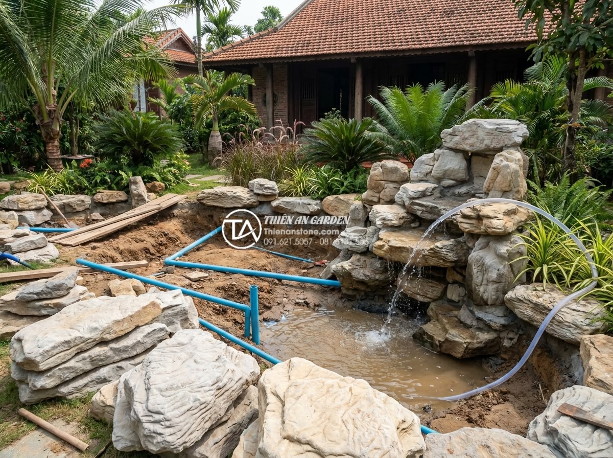Phong thủy thác nước sân vườn: Cách đặt hướng rước tài lộc vào nhà - Professional team from Da Canh Thien An constructing a large natural stone garde