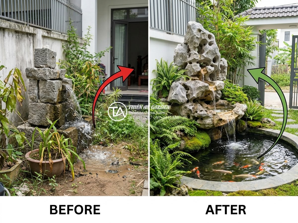 Phong thủy thác nước sân vườn: Cách đặt hướng rước tài lộc vào nhà - Before and after comparison of a poorly placed garden waterfall causing negative